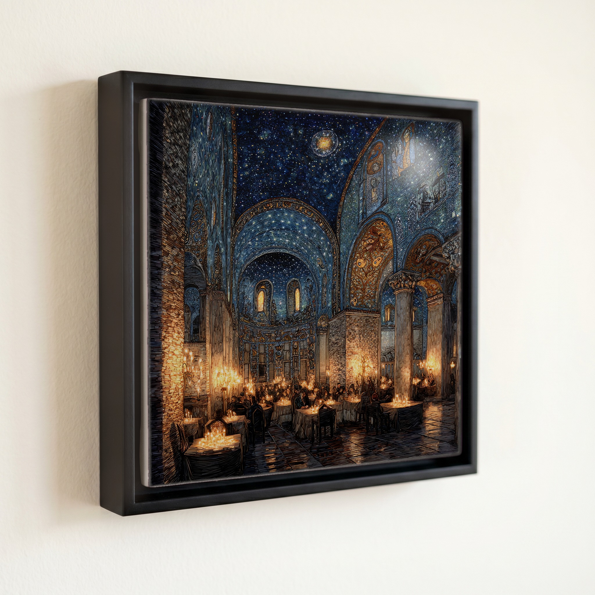 shown in a slim black floating frame · 6 × 6 in
