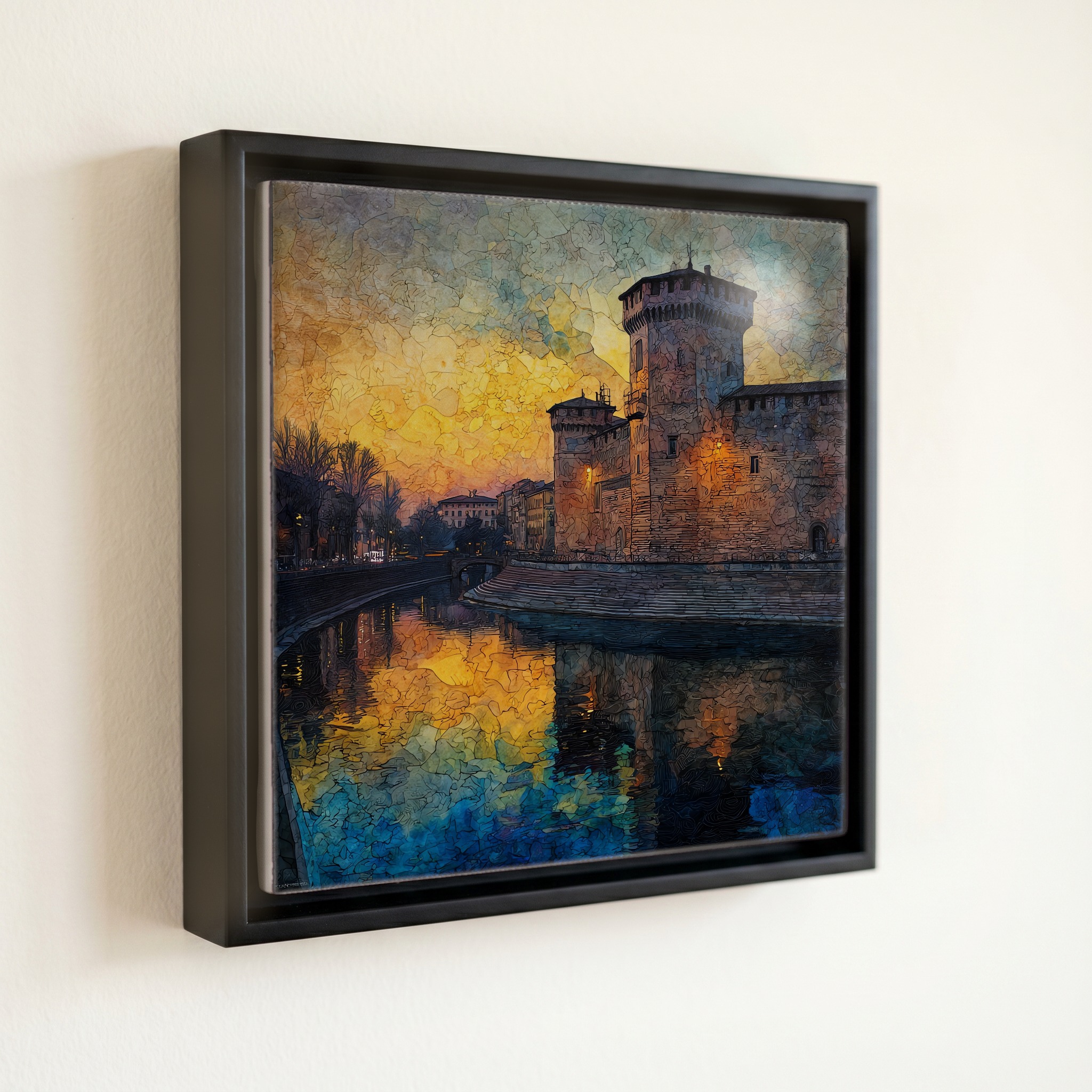 shown in a slim black floating frame · 6 × 6 in