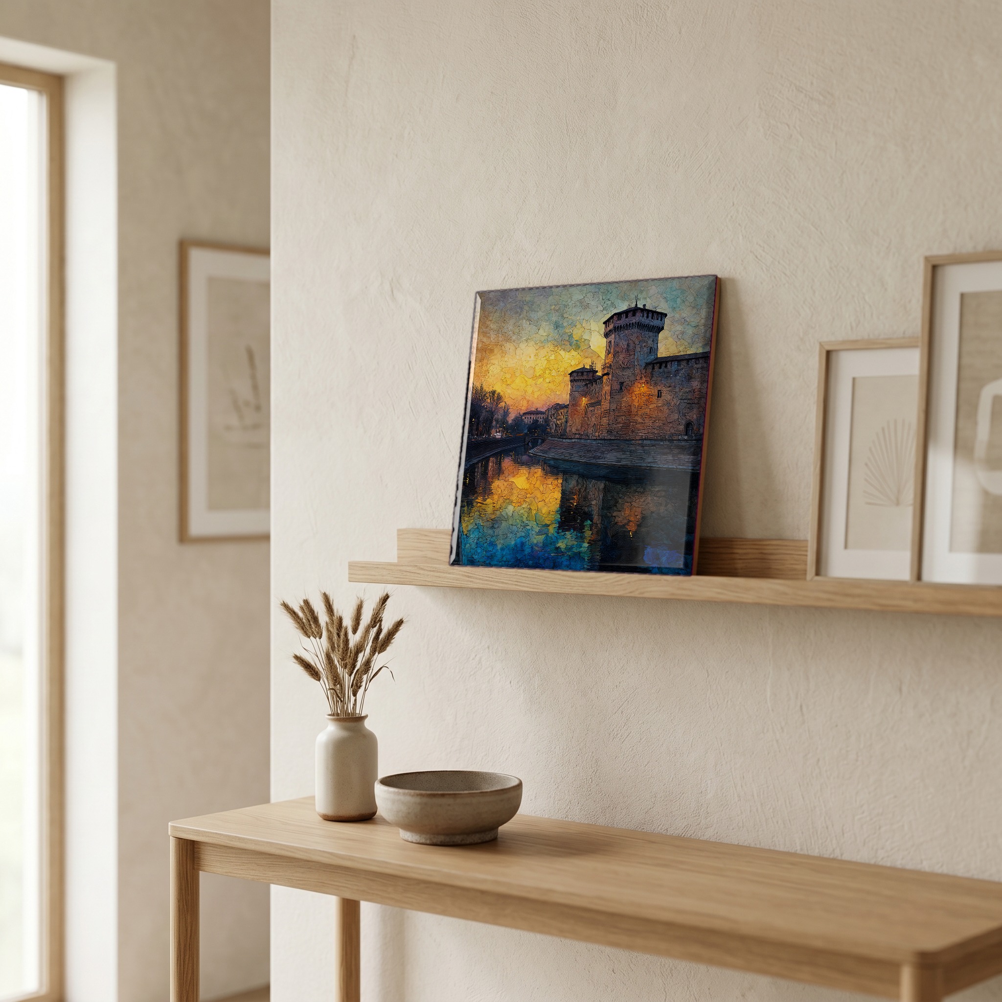 On a picture ledge, where the light comes in.