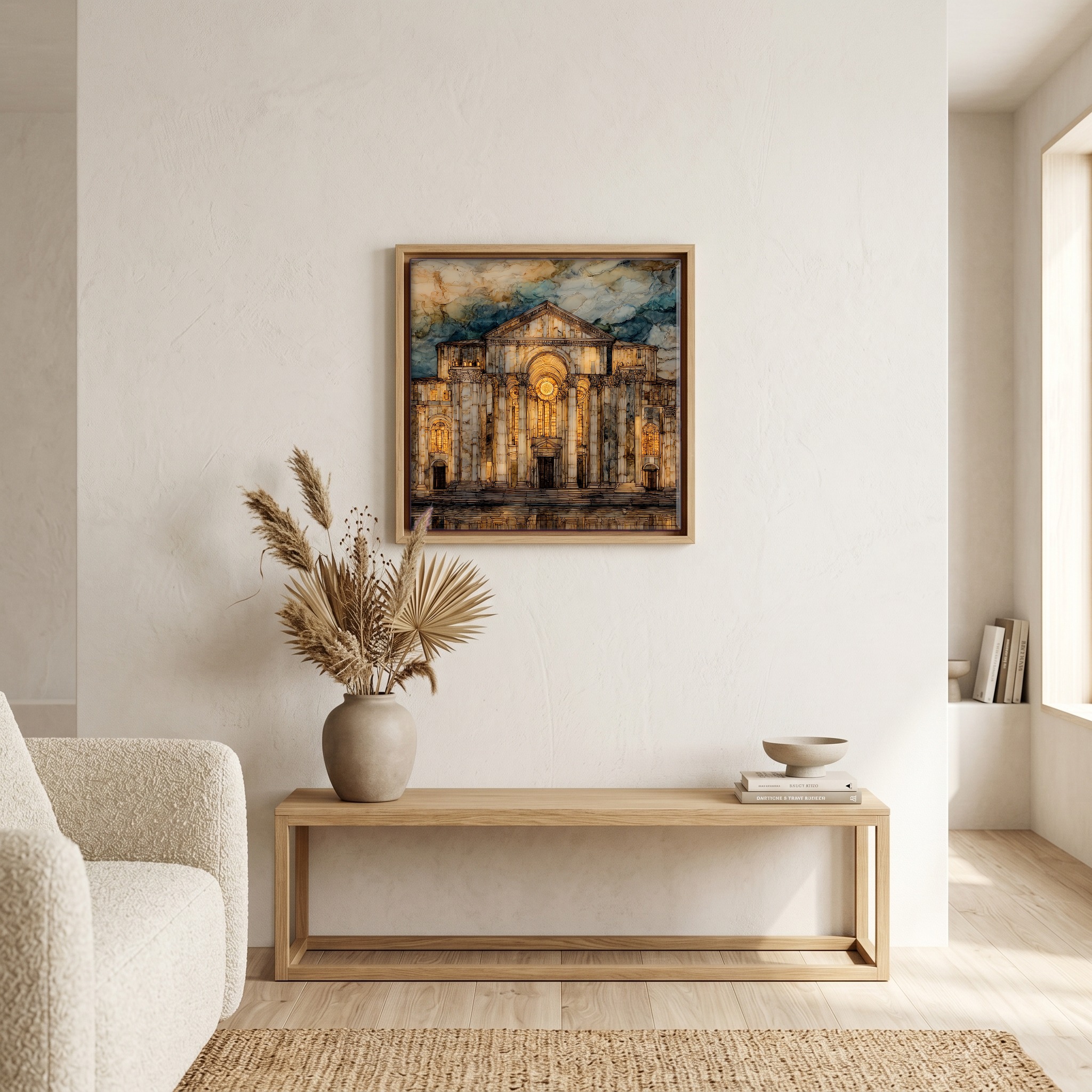 Above the bench, in a warm oak surround.