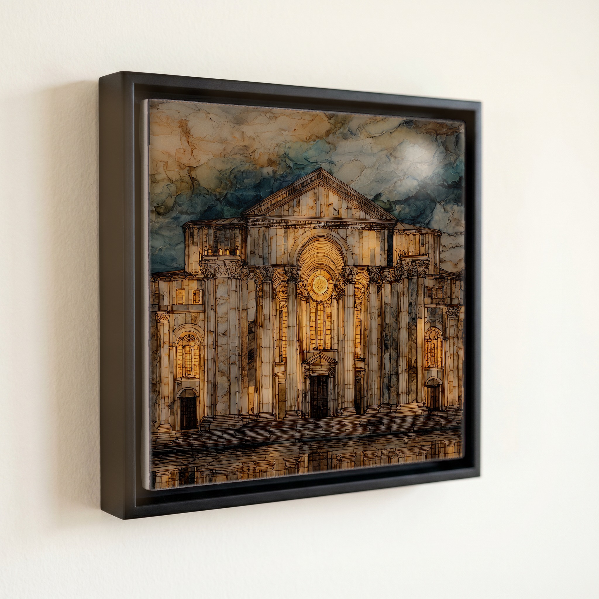 shown in a slim black floating frame · 6 × 6 in