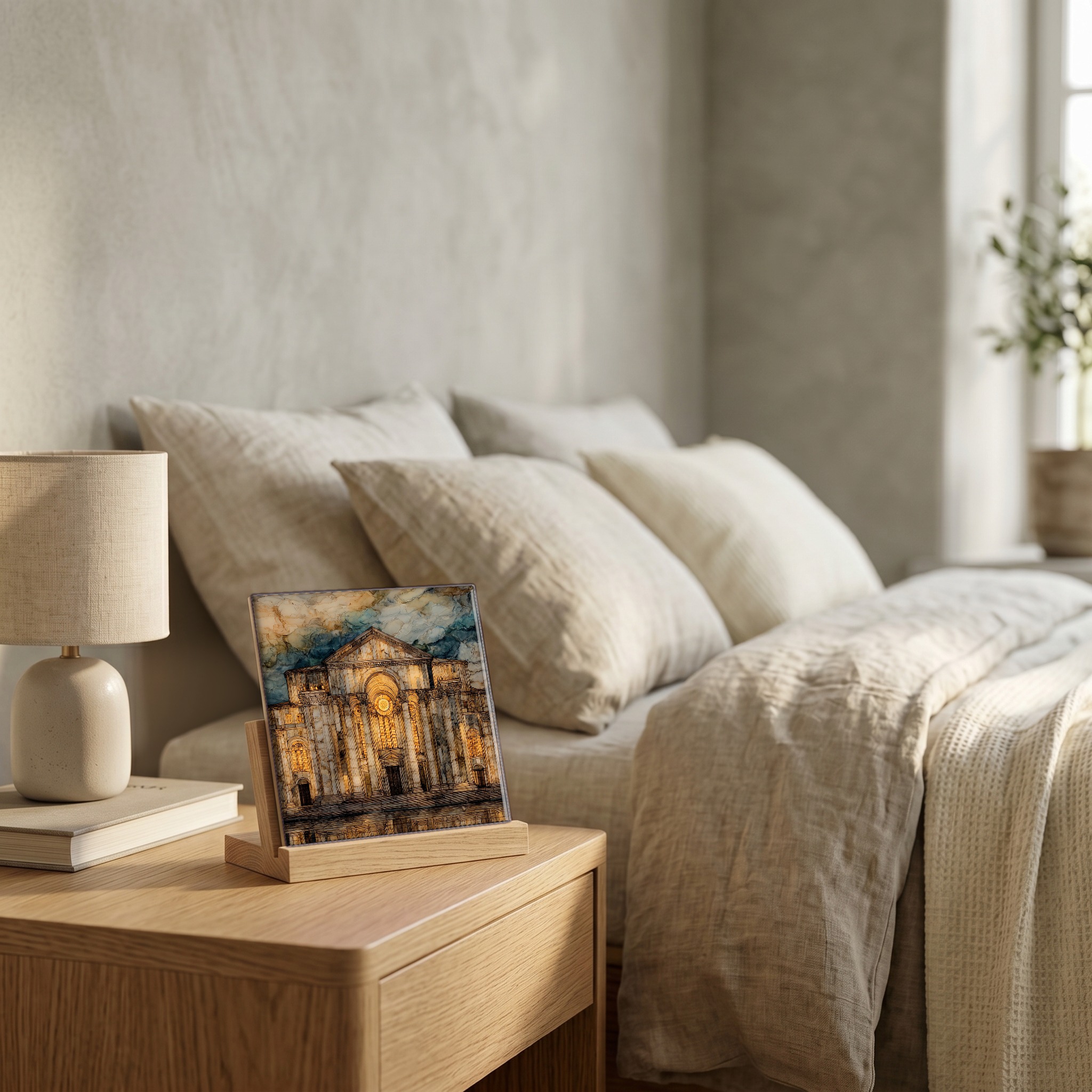 On the nightstand, on a light oak stand.