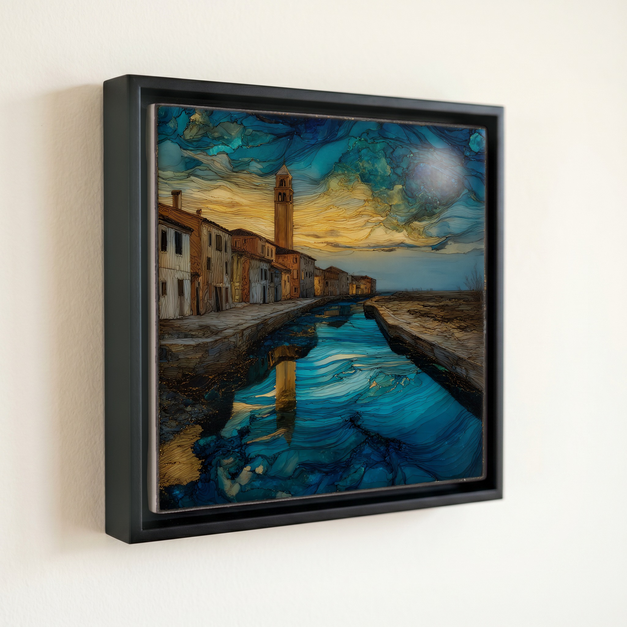 shown in a slim black floating frame · 6 × 6 in
