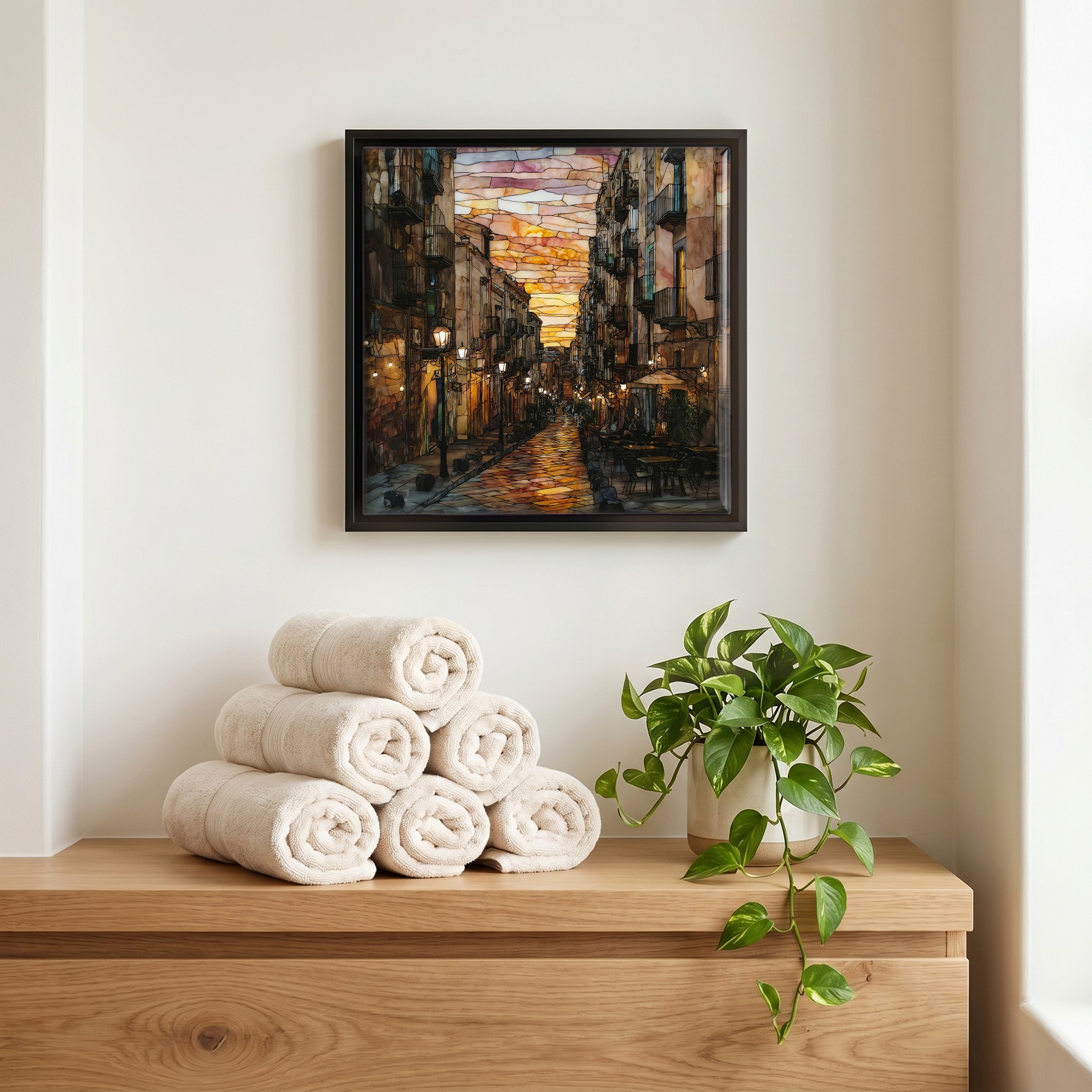 Above the linens, in a slim black surround.