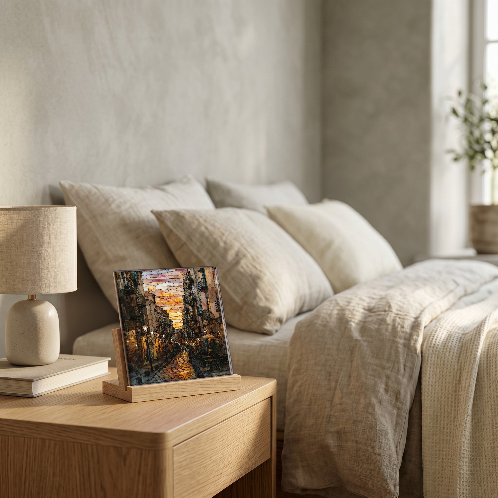 On the nightstand, on a light oak stand.