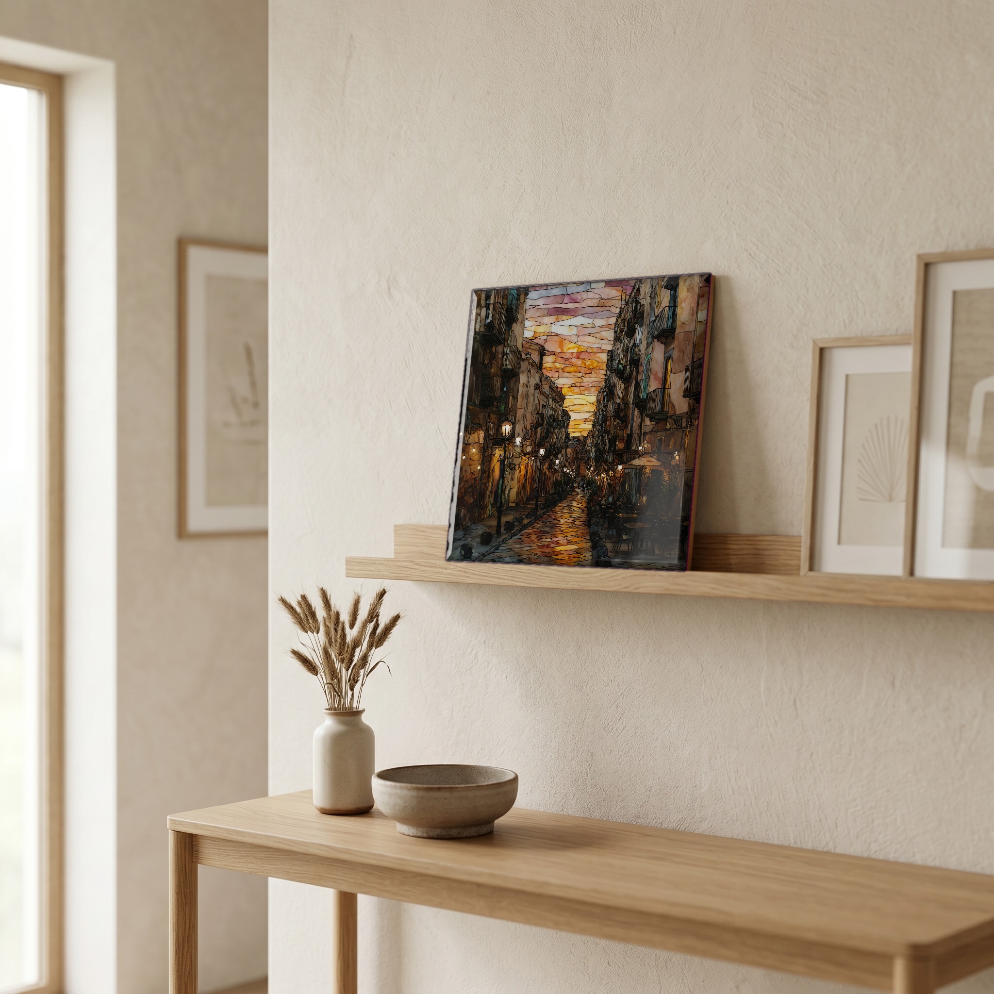 On a picture ledge, where the light comes in.