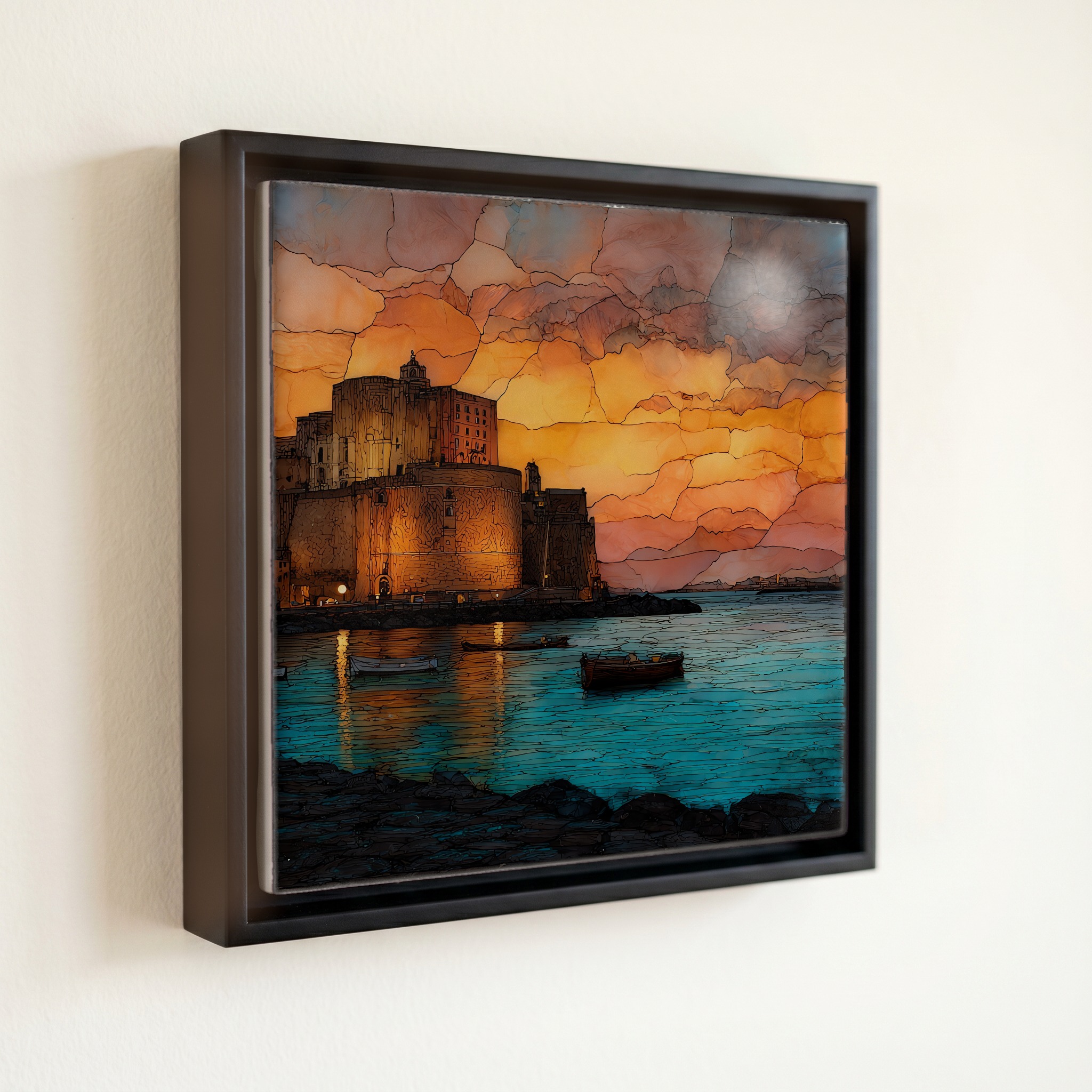 shown in a slim black floating frame · 6 × 6 in