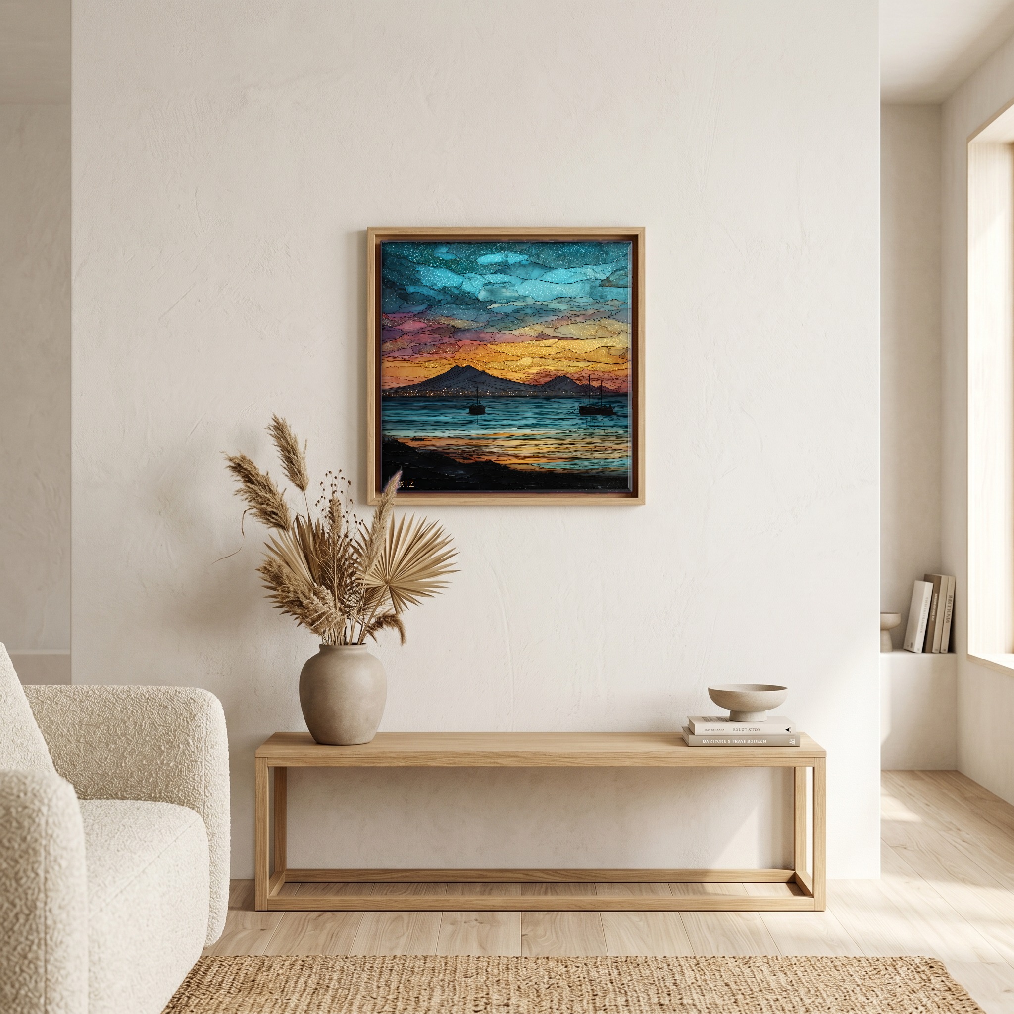 Above the bench, in a warm oak surround.