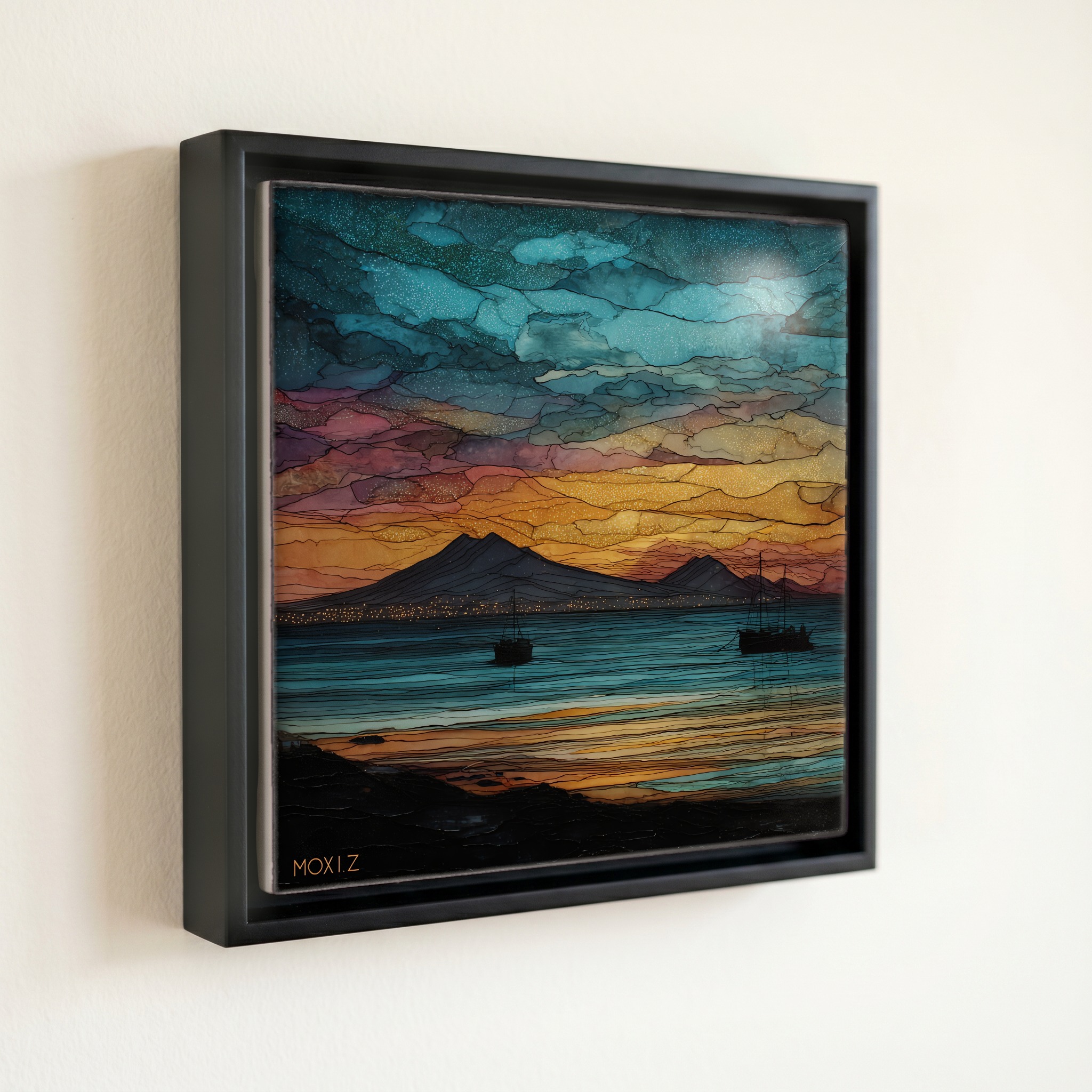 shown in a slim black floating frame · 6 × 6 in