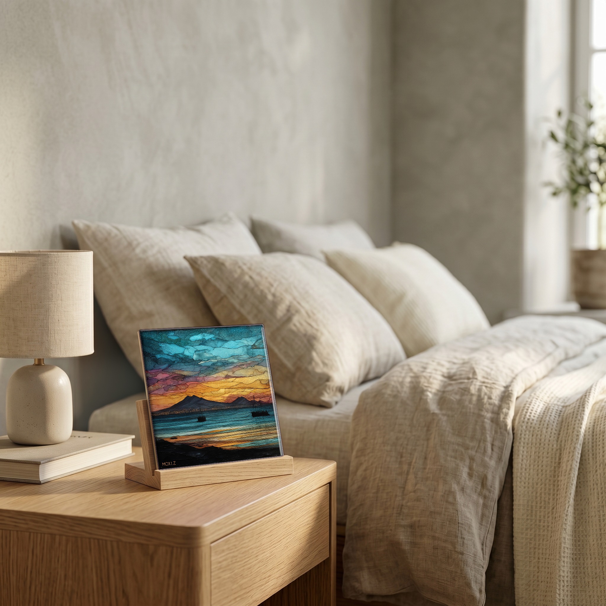 On the nightstand, on a light oak stand.