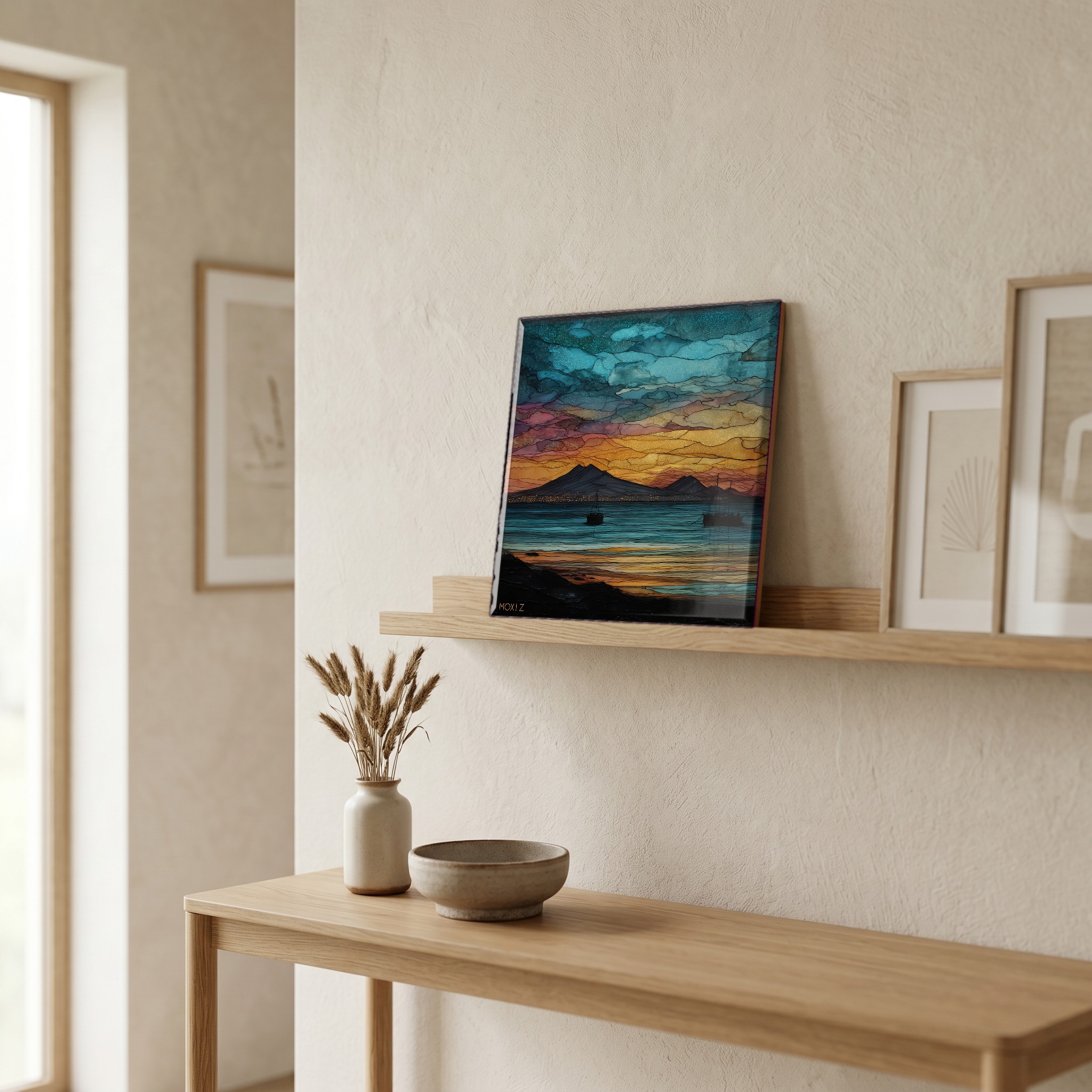 On a picture ledge, where the light comes in.