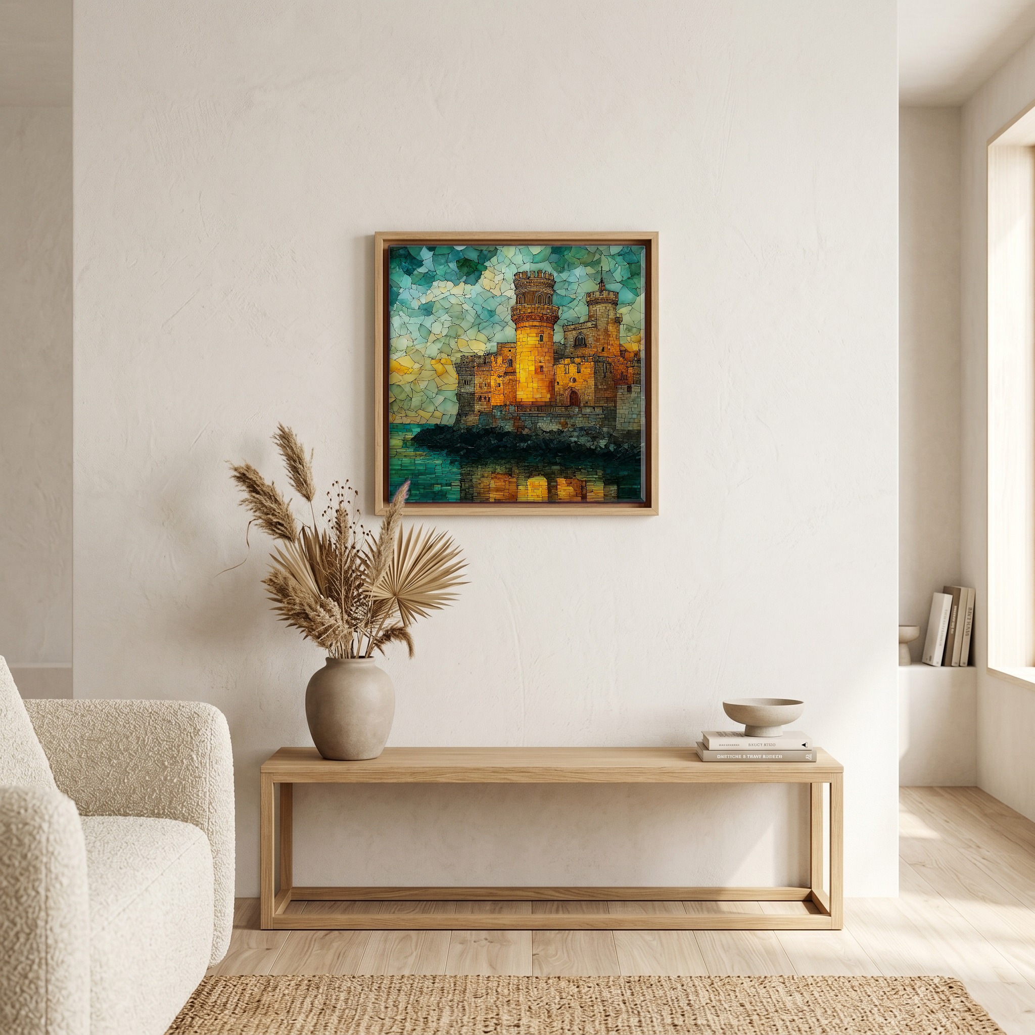 Above the bench, in a warm oak surround.