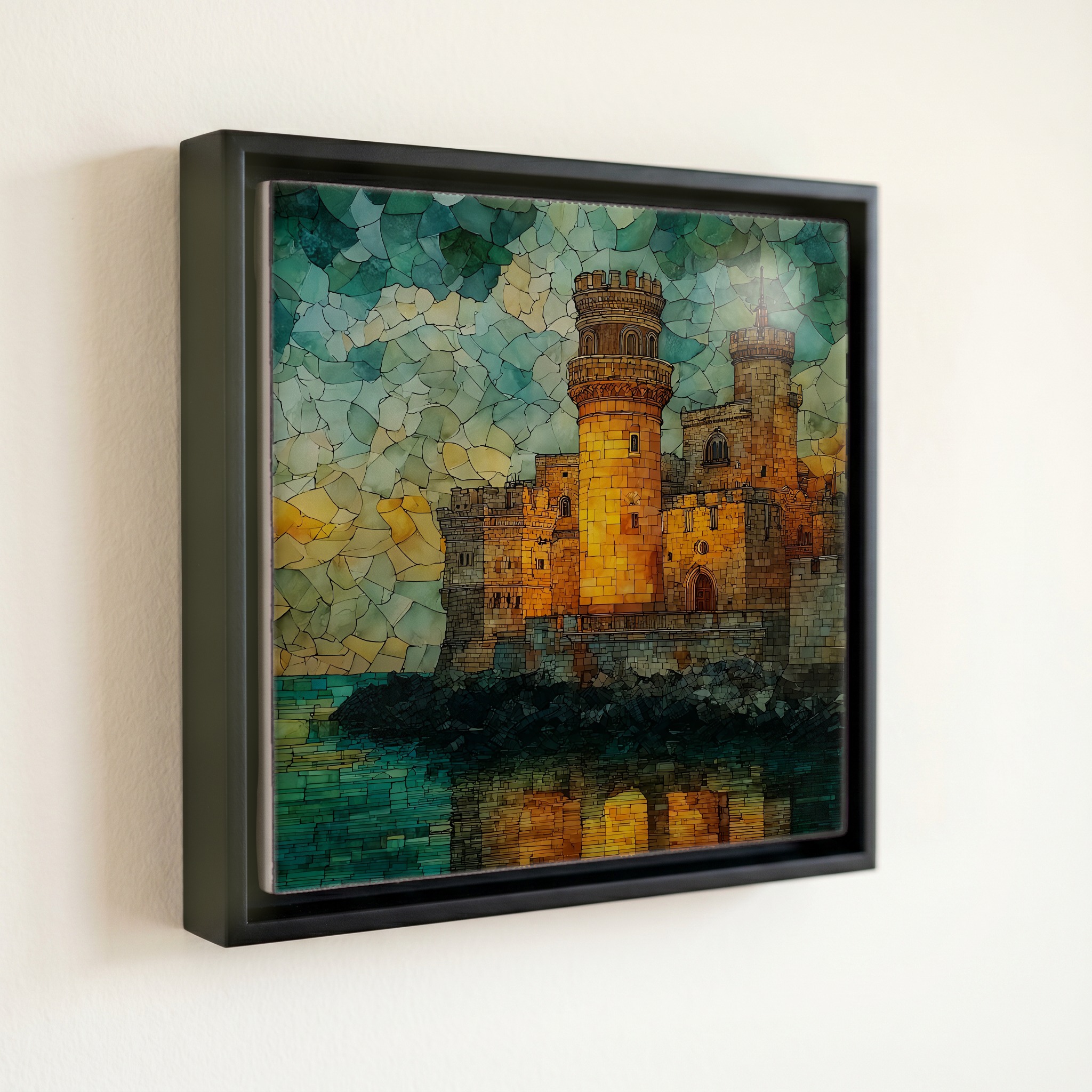 shown in a slim black floating frame · 6 × 6 in