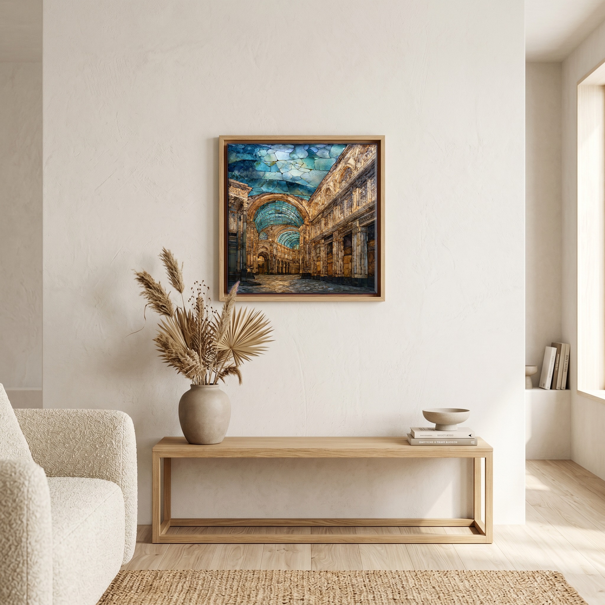 Above the bench, in a warm oak surround.