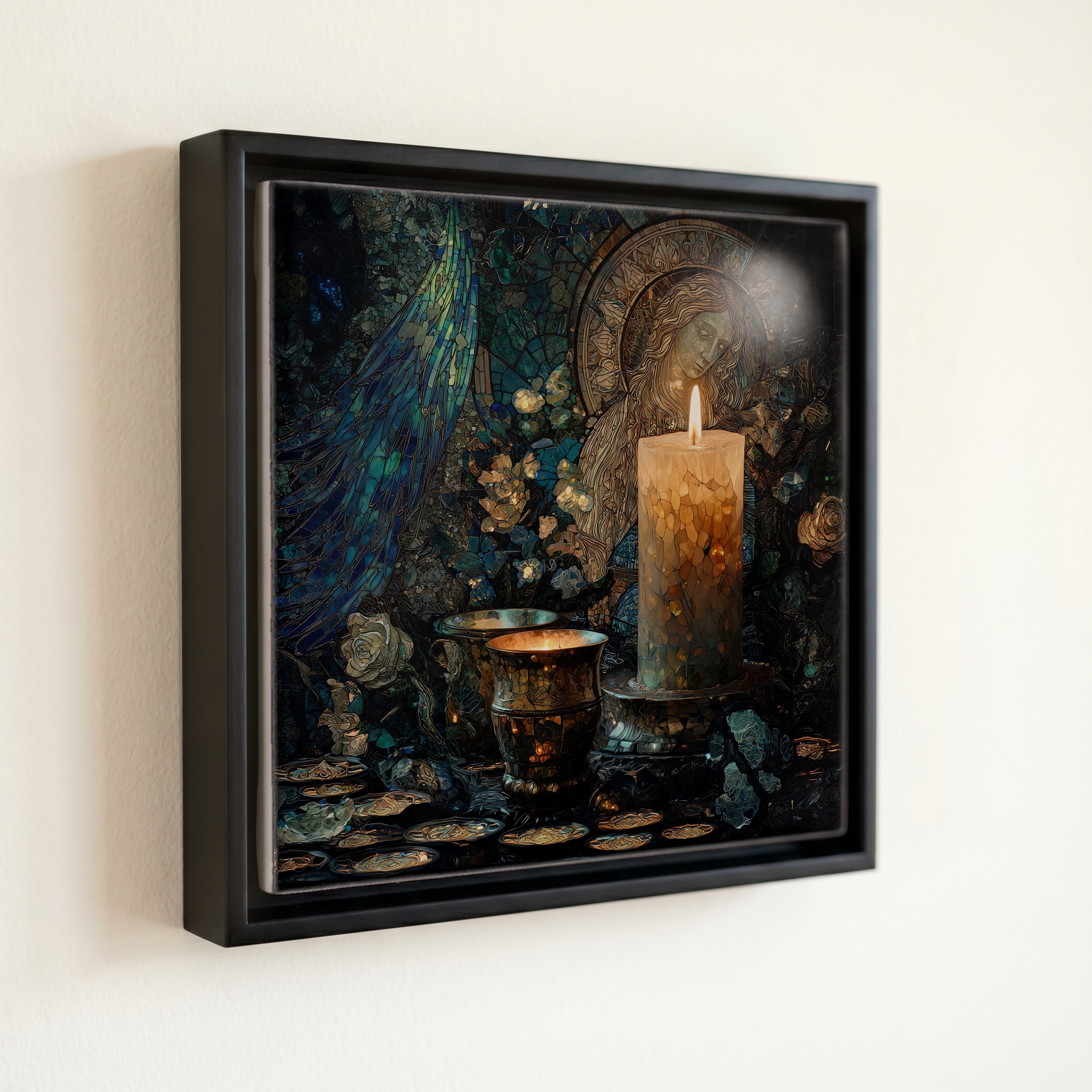 shown in a slim black floating frame · 6 × 6 in