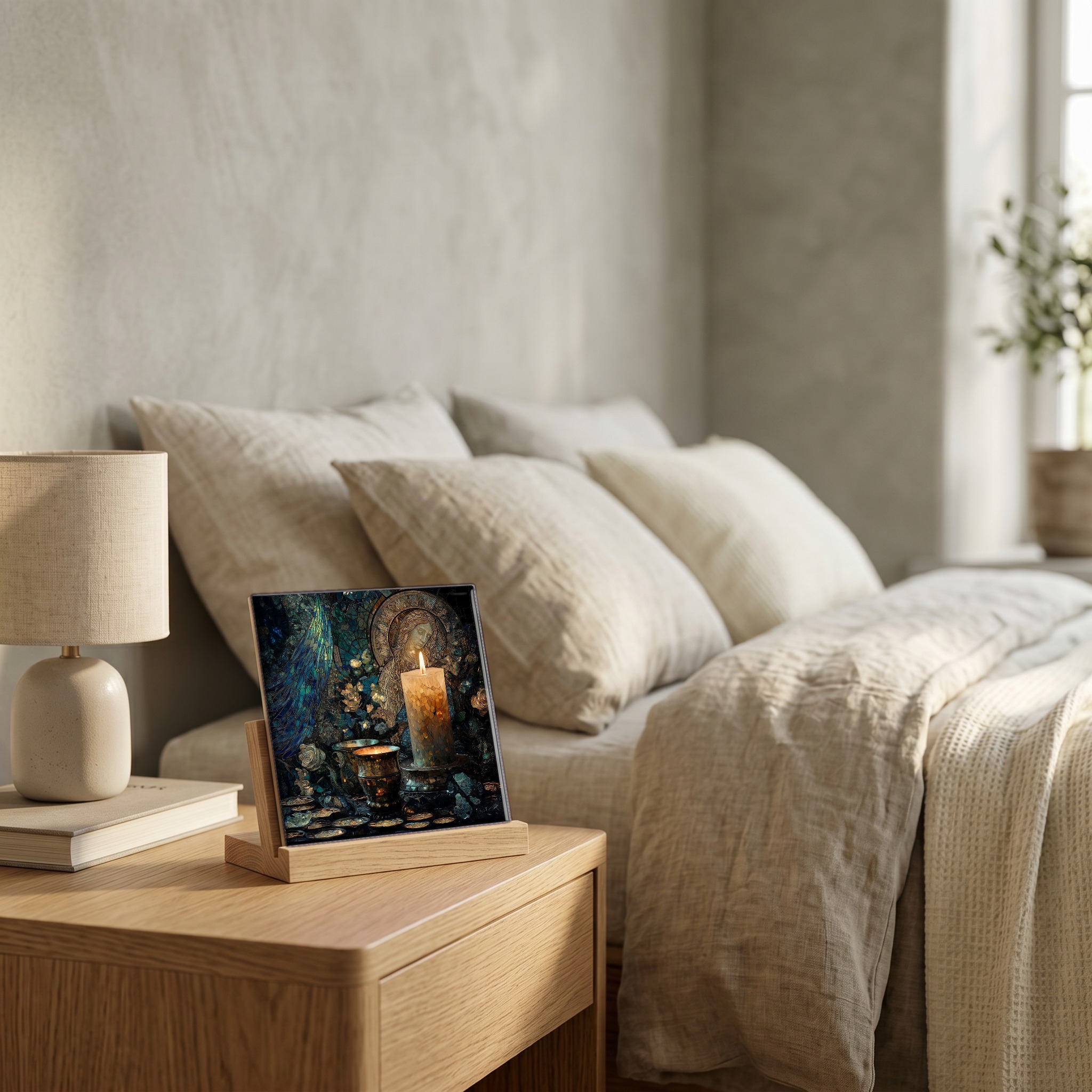 On the nightstand, on a light oak stand.
