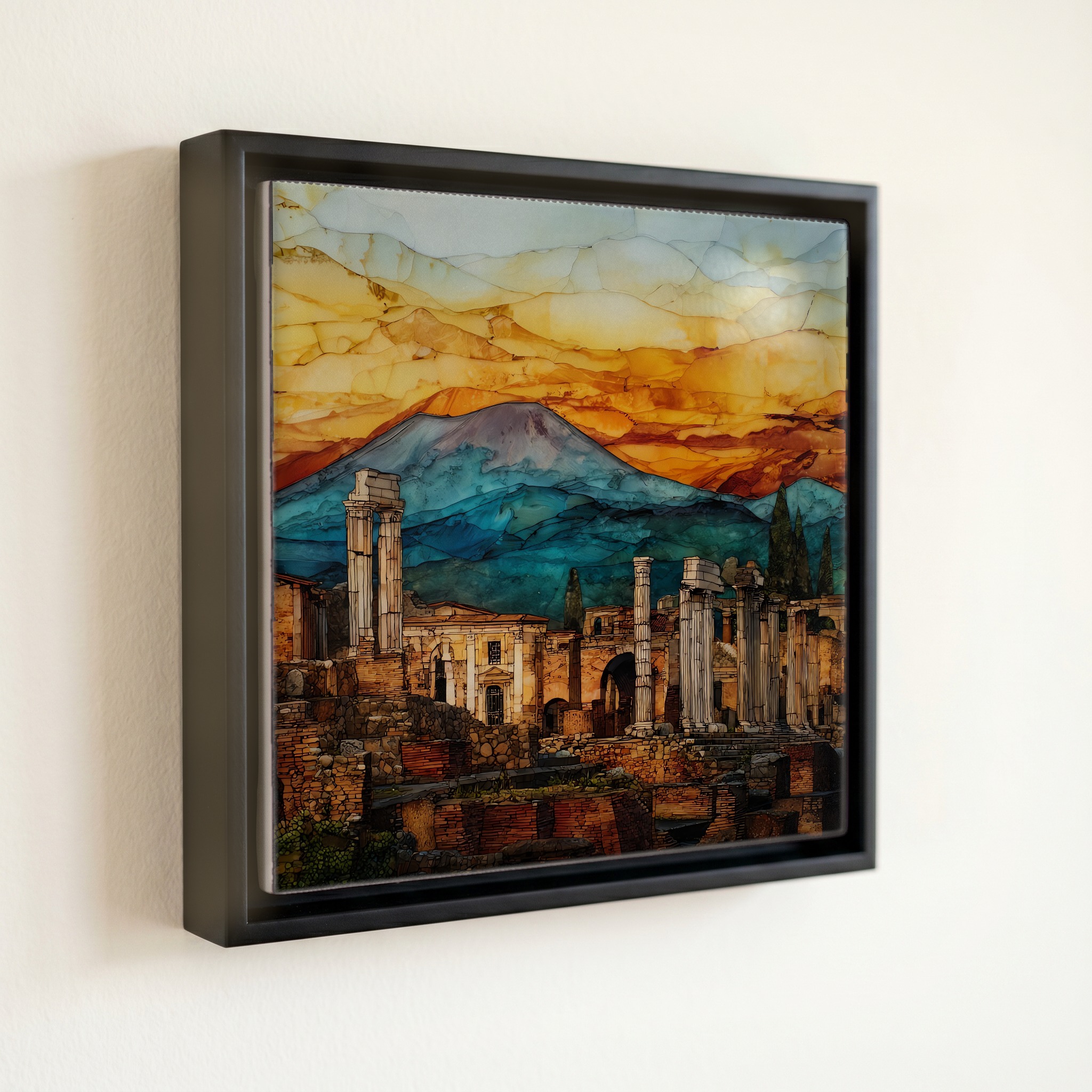 shown in a slim black floating frame · 6 × 6 in