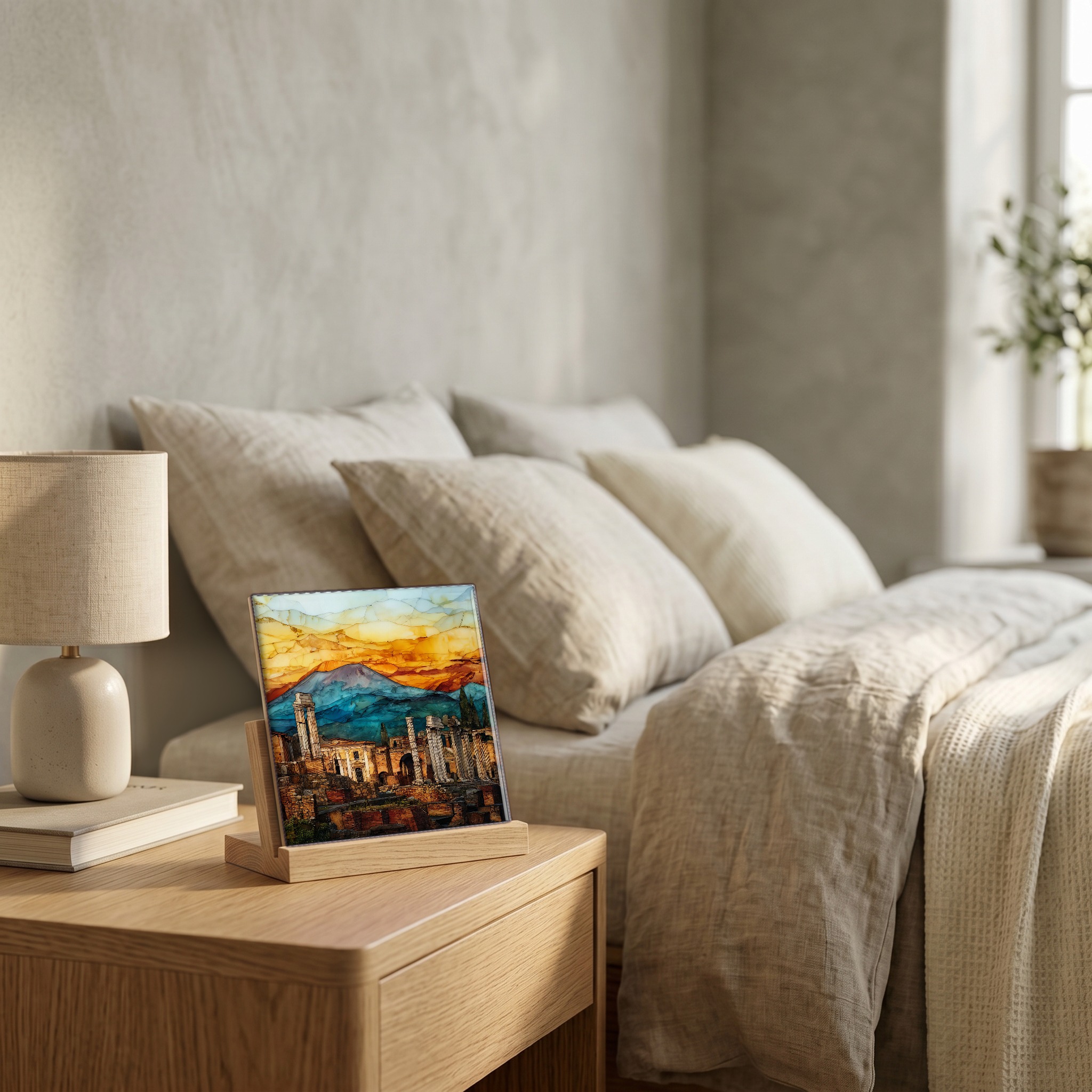 On the nightstand, on a light oak stand.