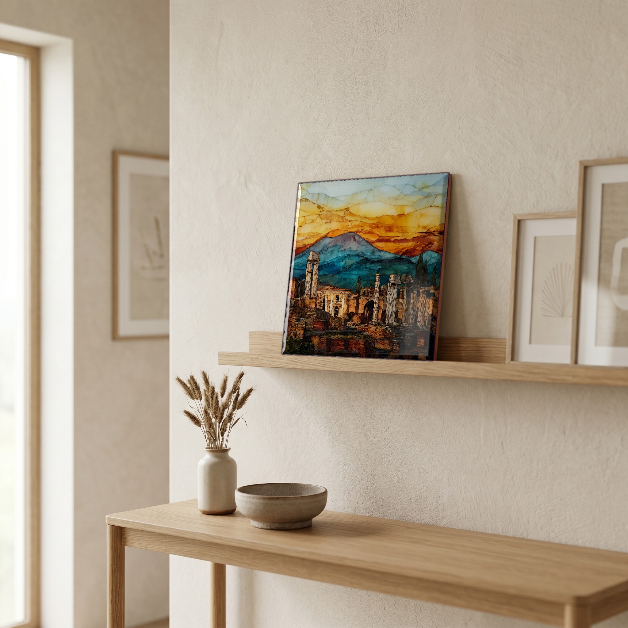 On a picture ledge, where the light comes in.