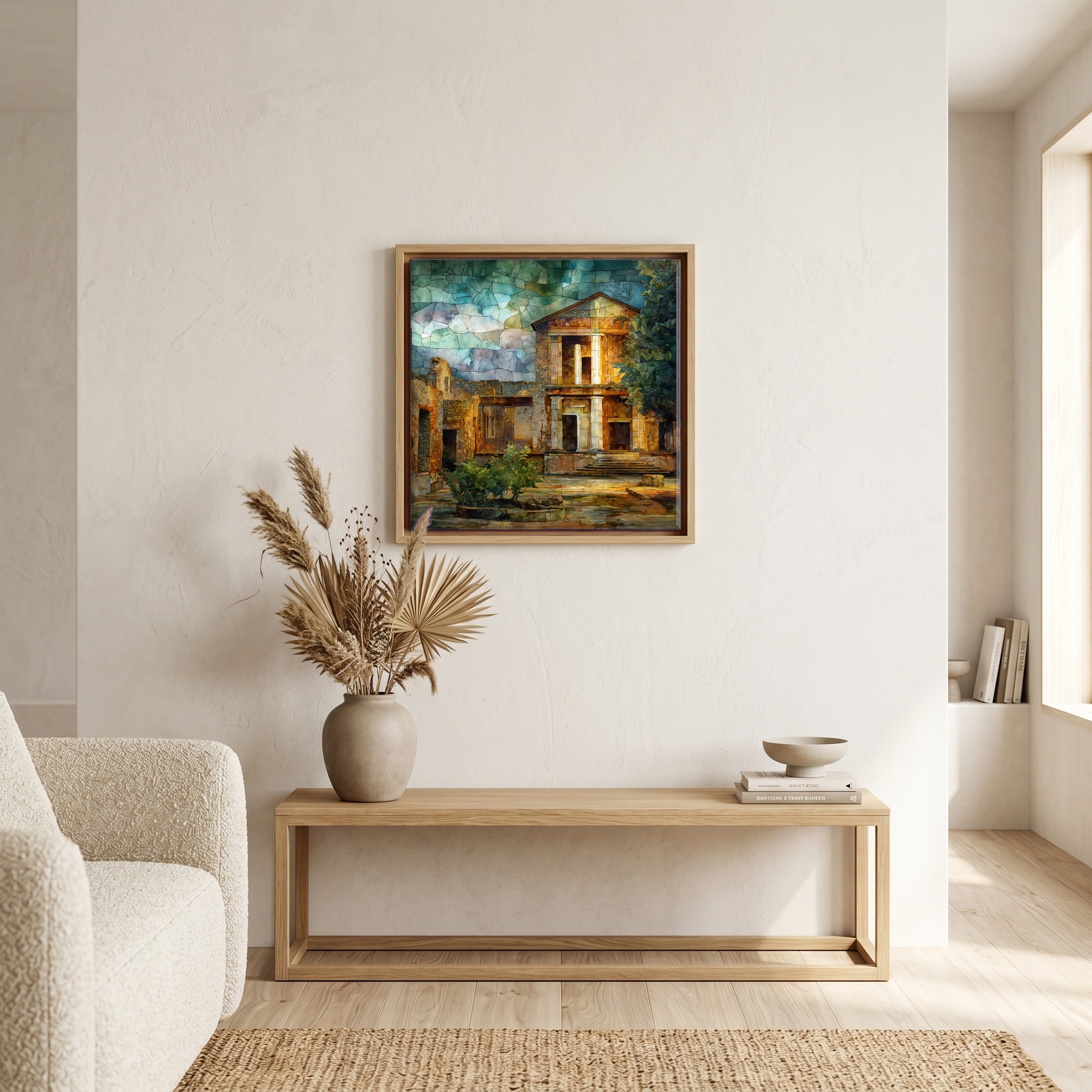 Above the bench, in a warm oak surround.