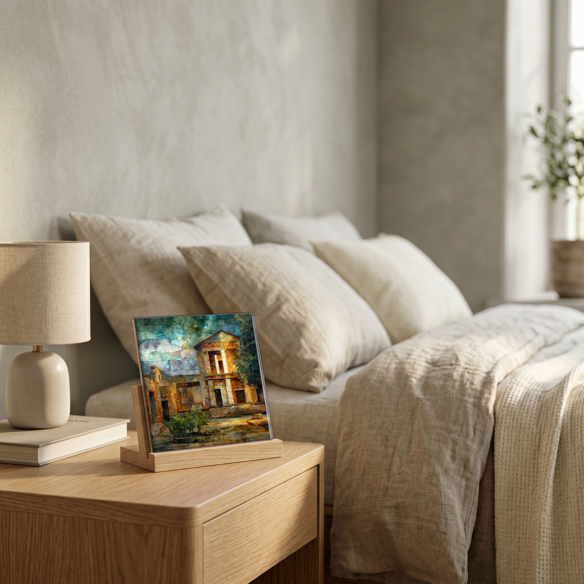 On the nightstand, on a light oak stand.