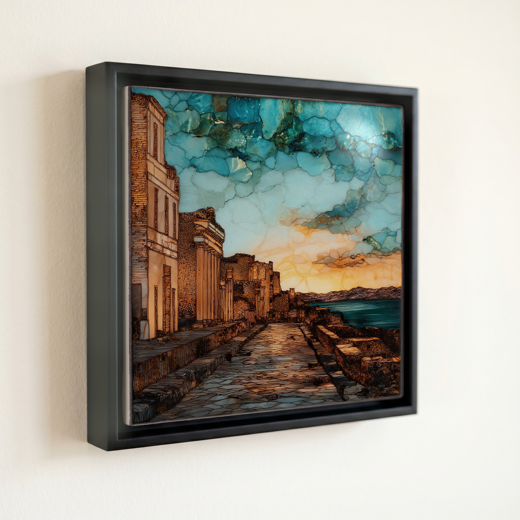 shown in a slim black floating frame · 6 × 6 in