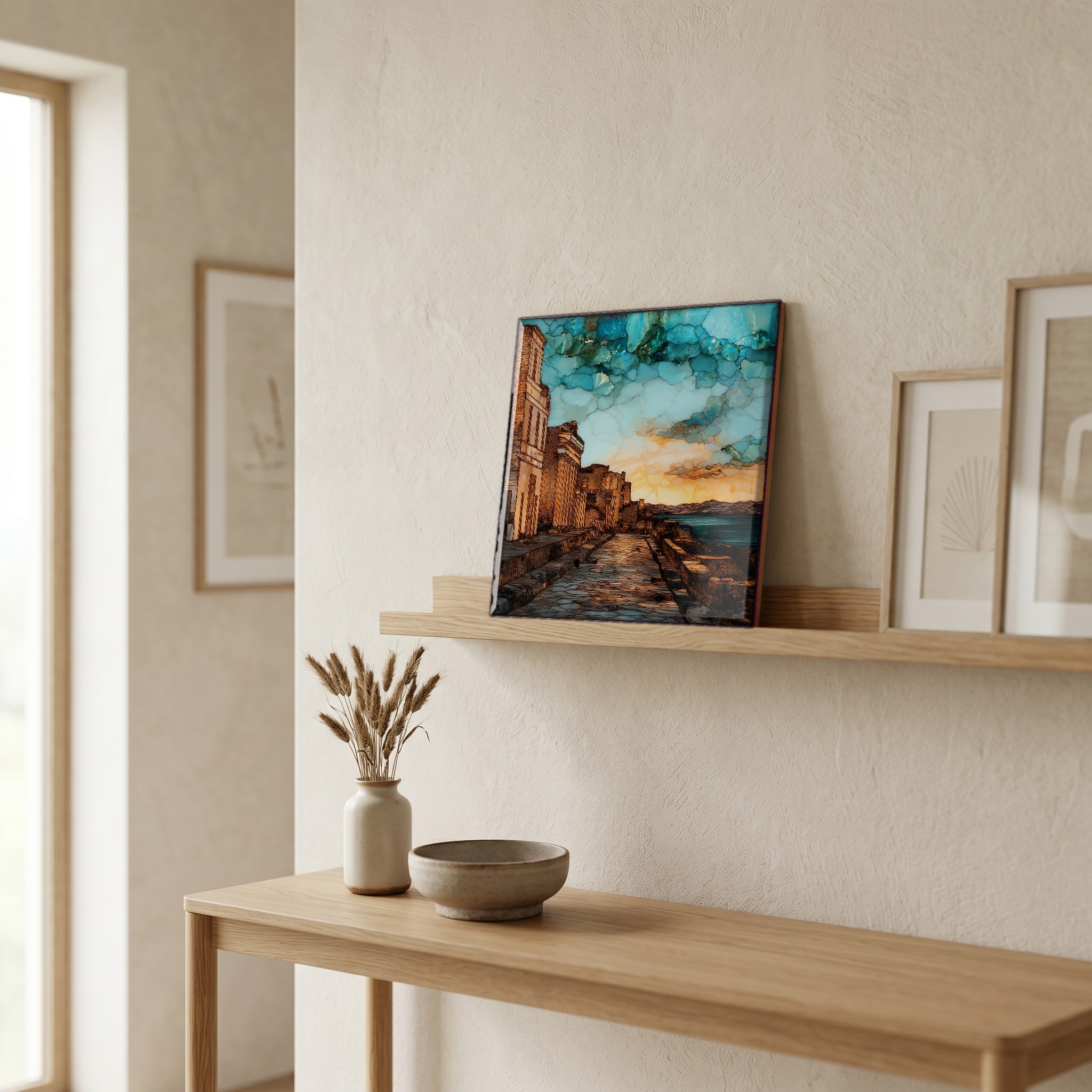 On a picture ledge, where the light comes in.