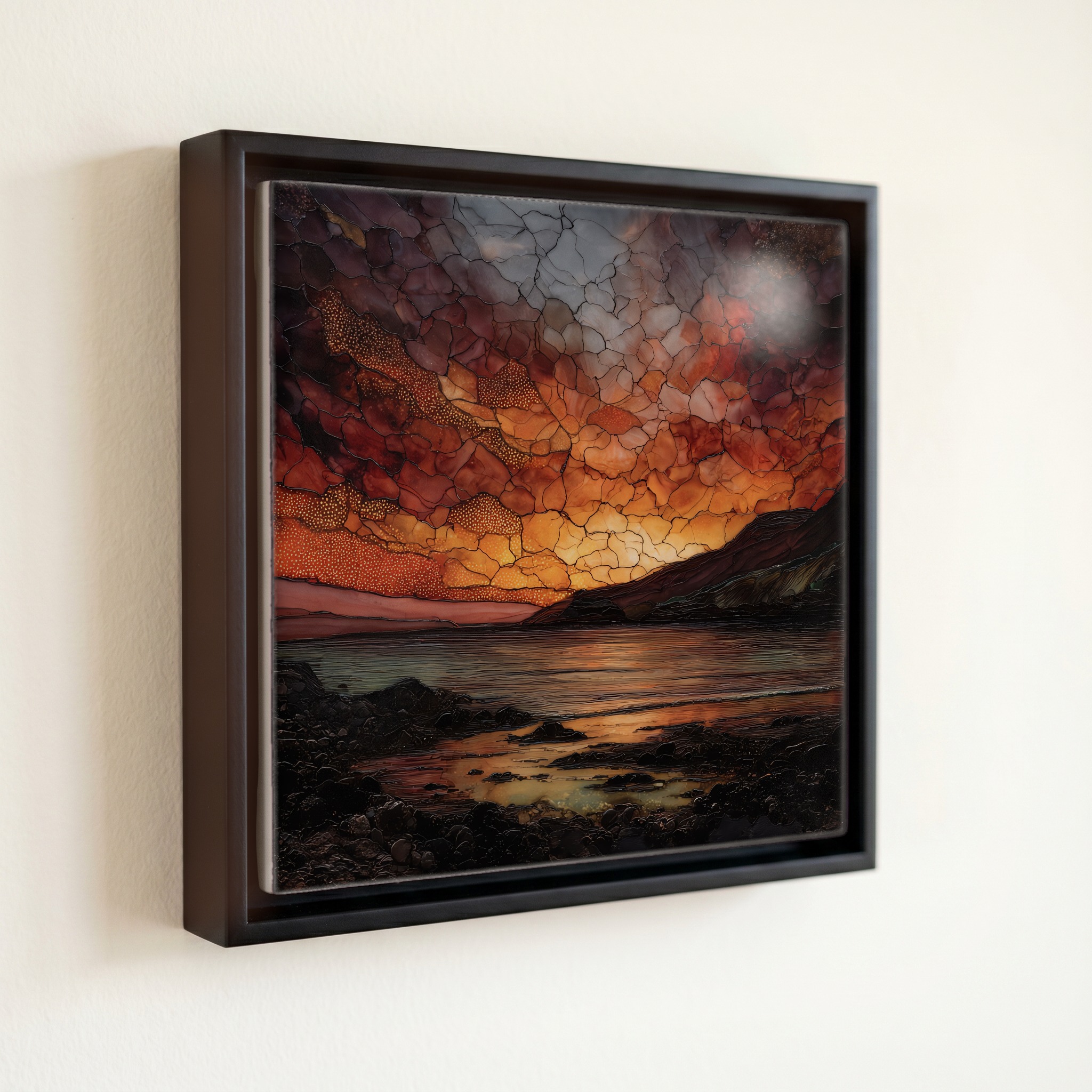 shown in a slim black floating frame · 6 × 6 in
