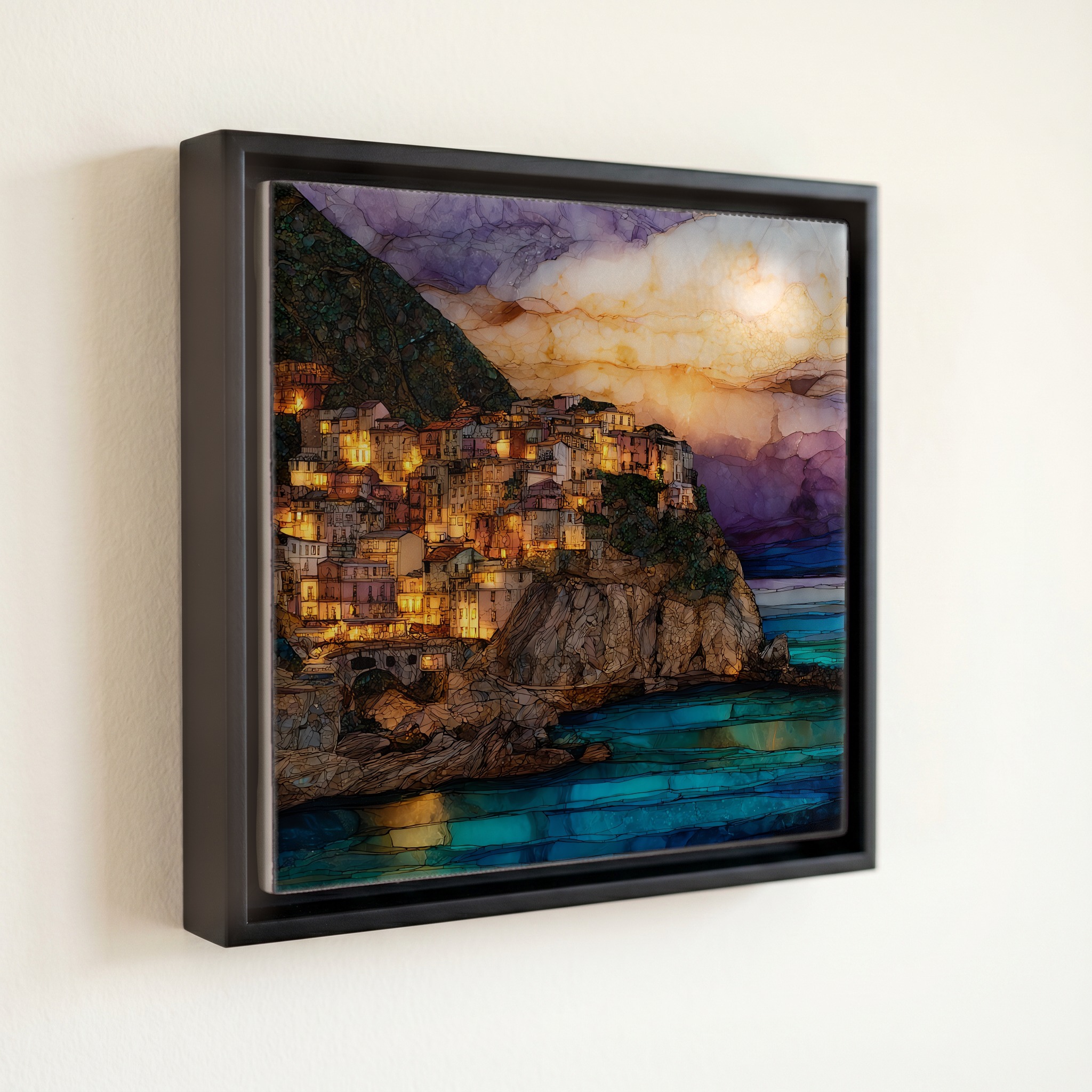 shown in a slim black floating frame · 6 × 6 in