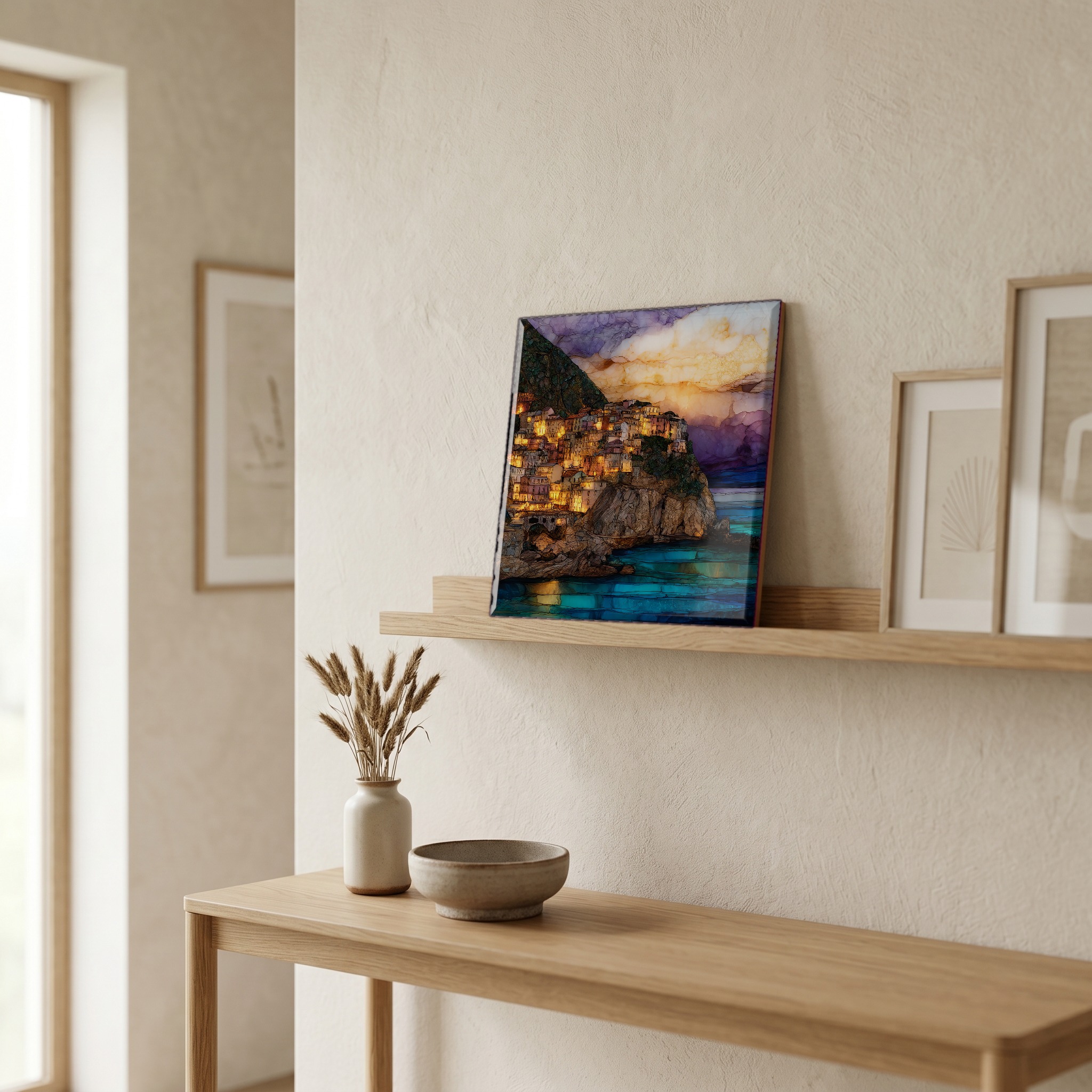 On a picture ledge, where the light comes in.