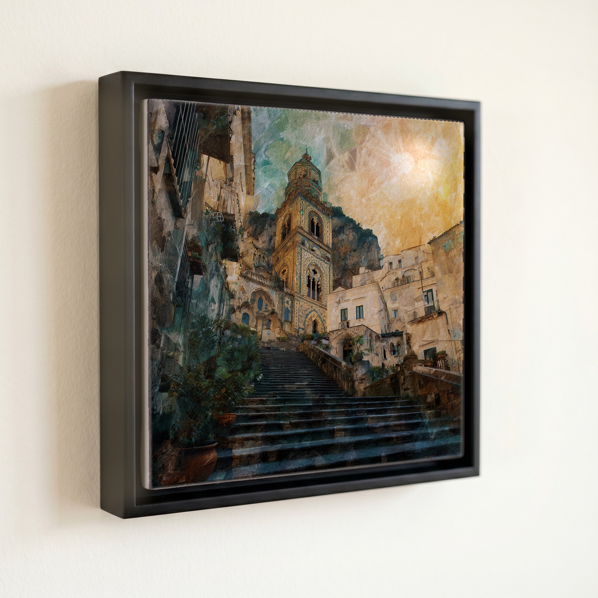 shown in a slim black floating frame · 6 × 6 in