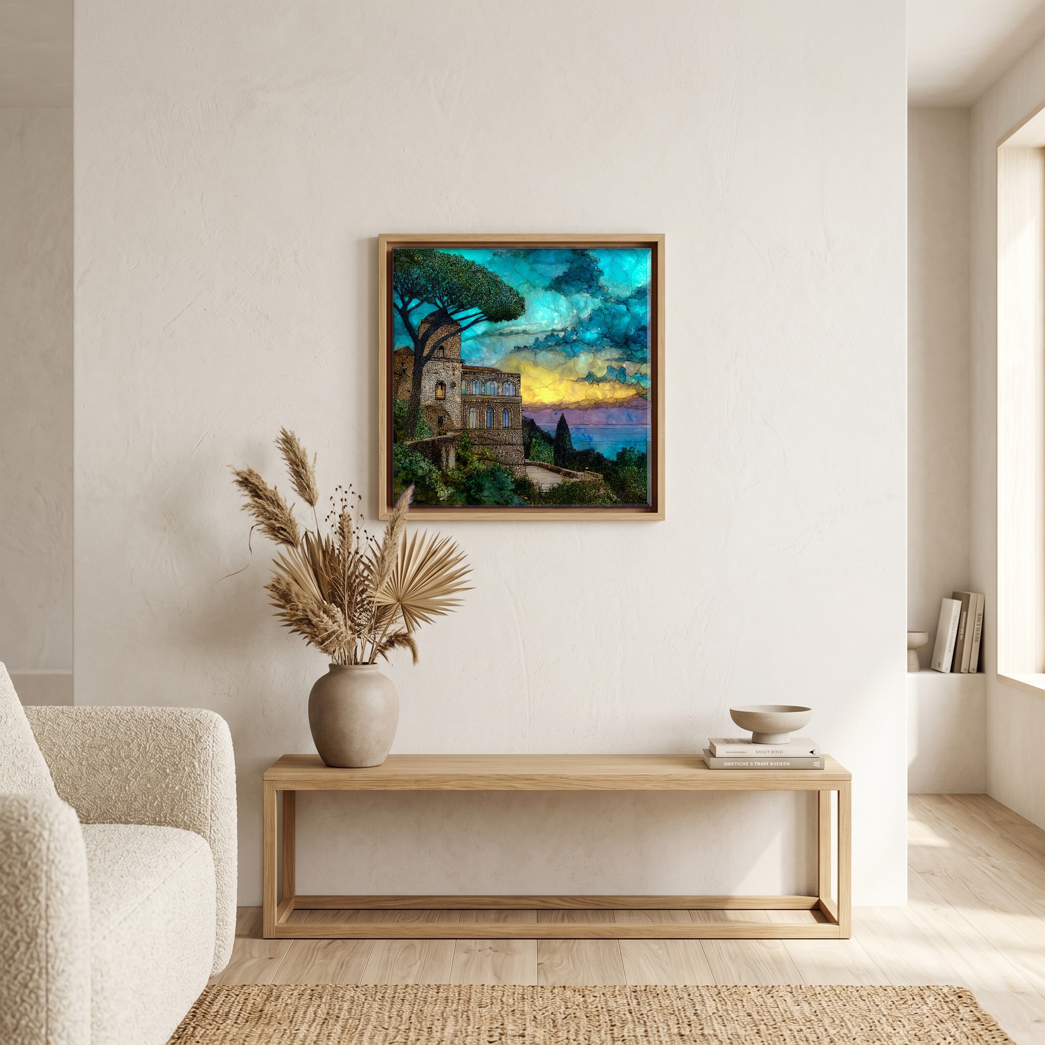 Above the bench, in a warm oak surround.