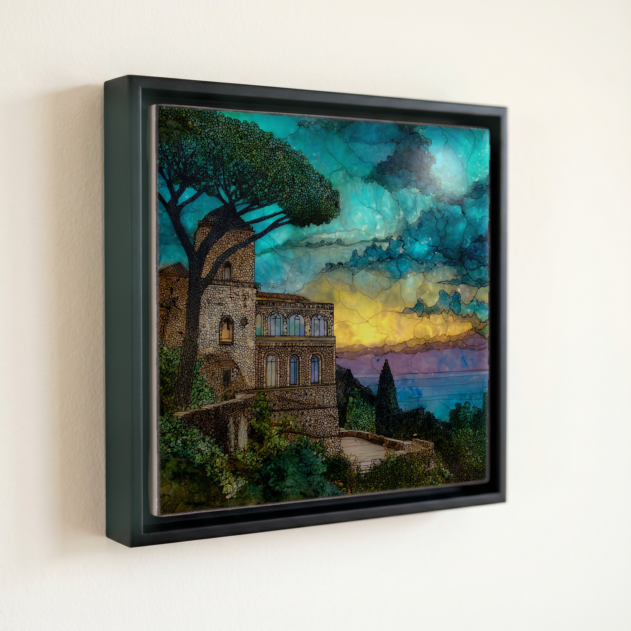 shown in a slim black floating frame · 6 × 6 in