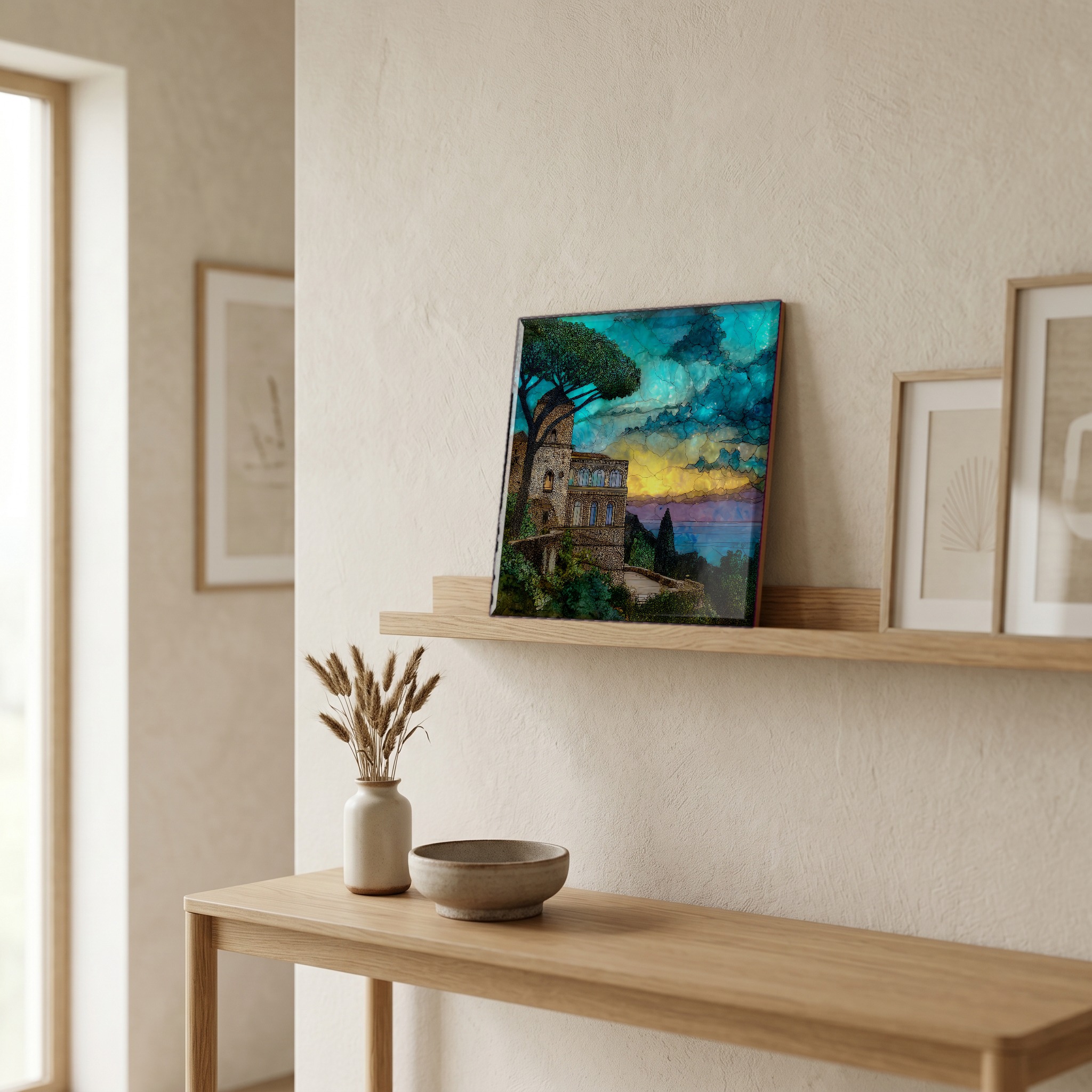 On a picture ledge, where the light comes in.