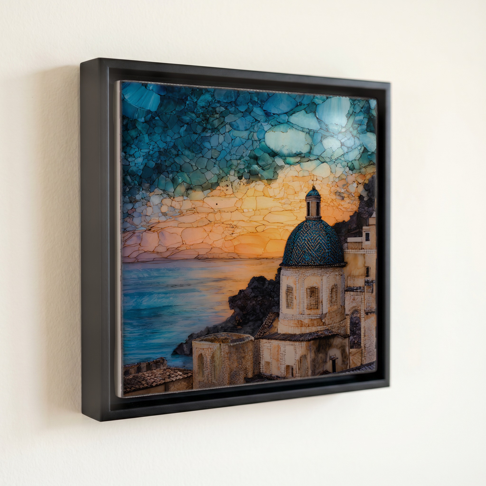 shown in a slim black floating frame · 6 × 6 in