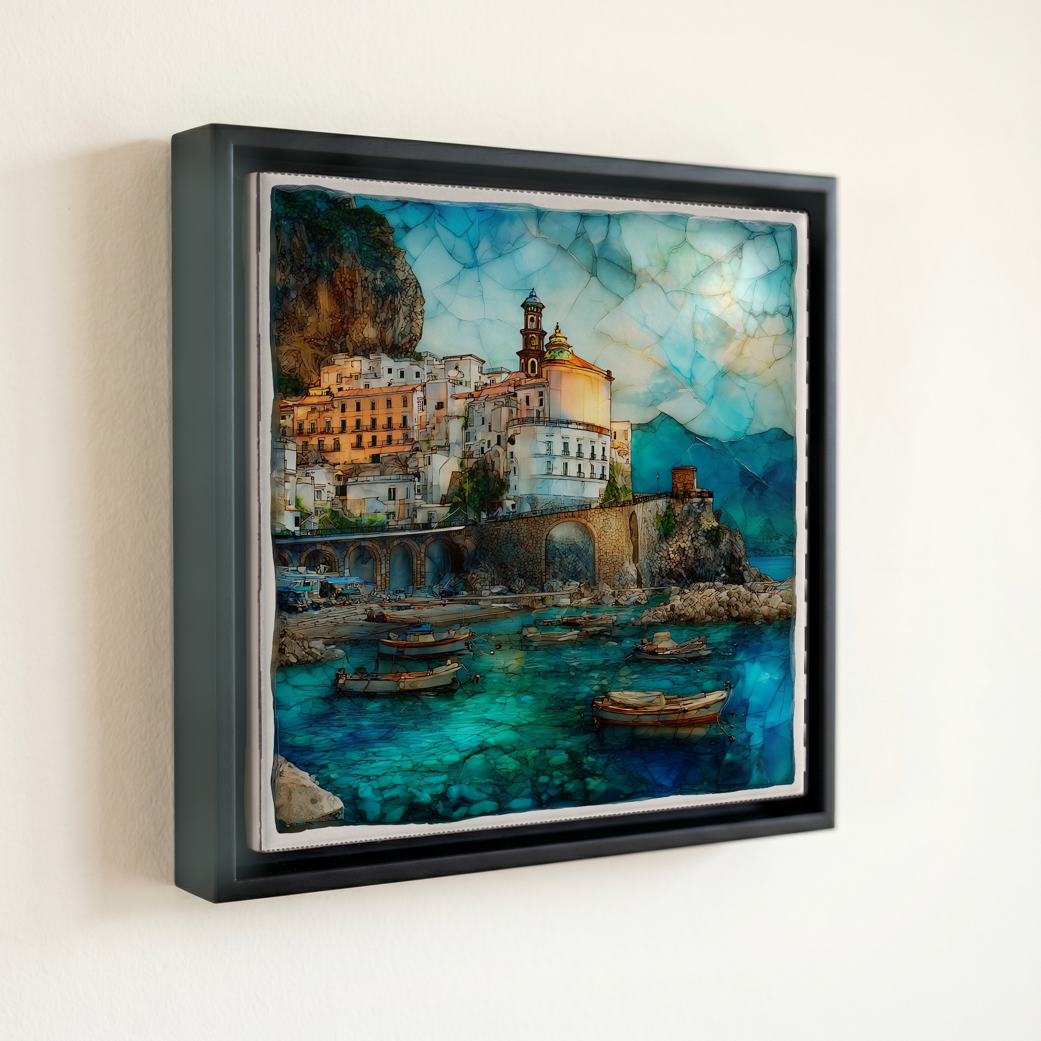 shown in a slim black floating frame · 6 × 6 in