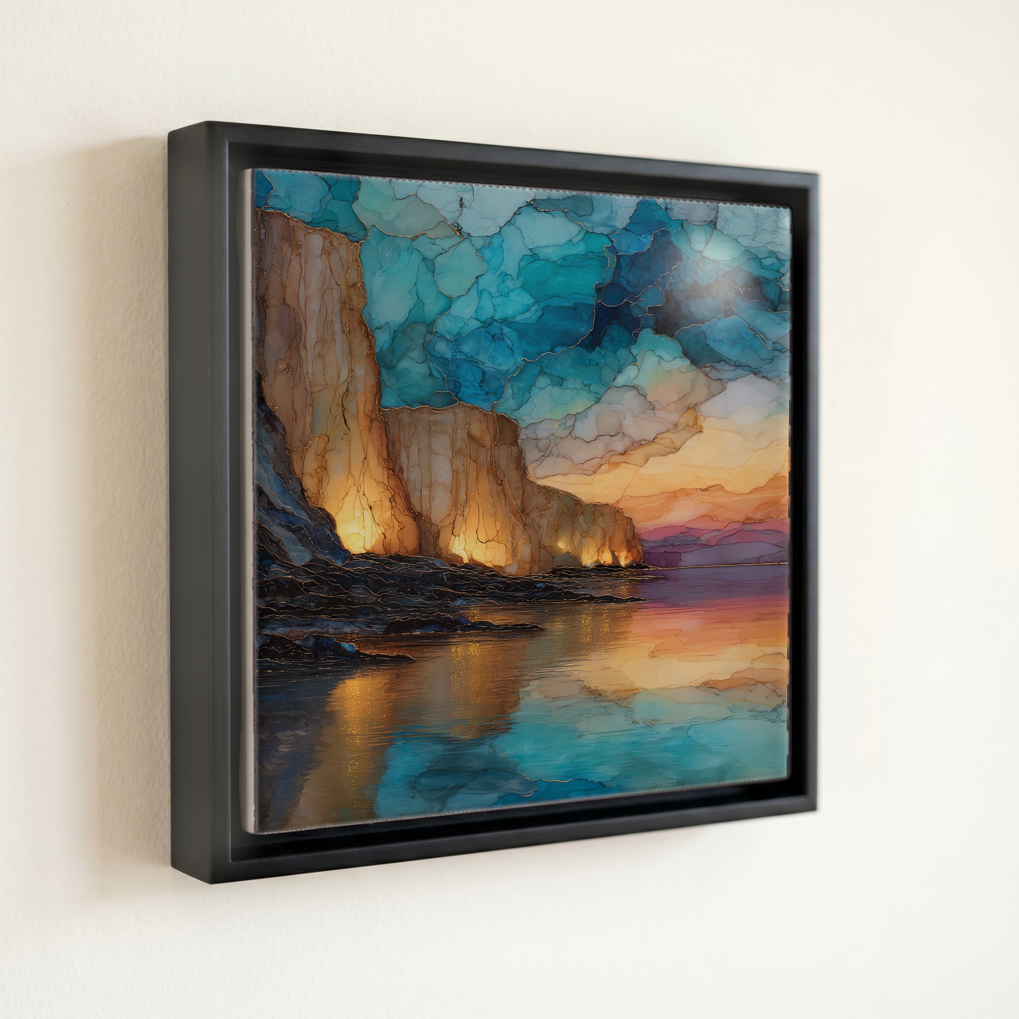 shown in a slim black floating frame · 6 × 6 in