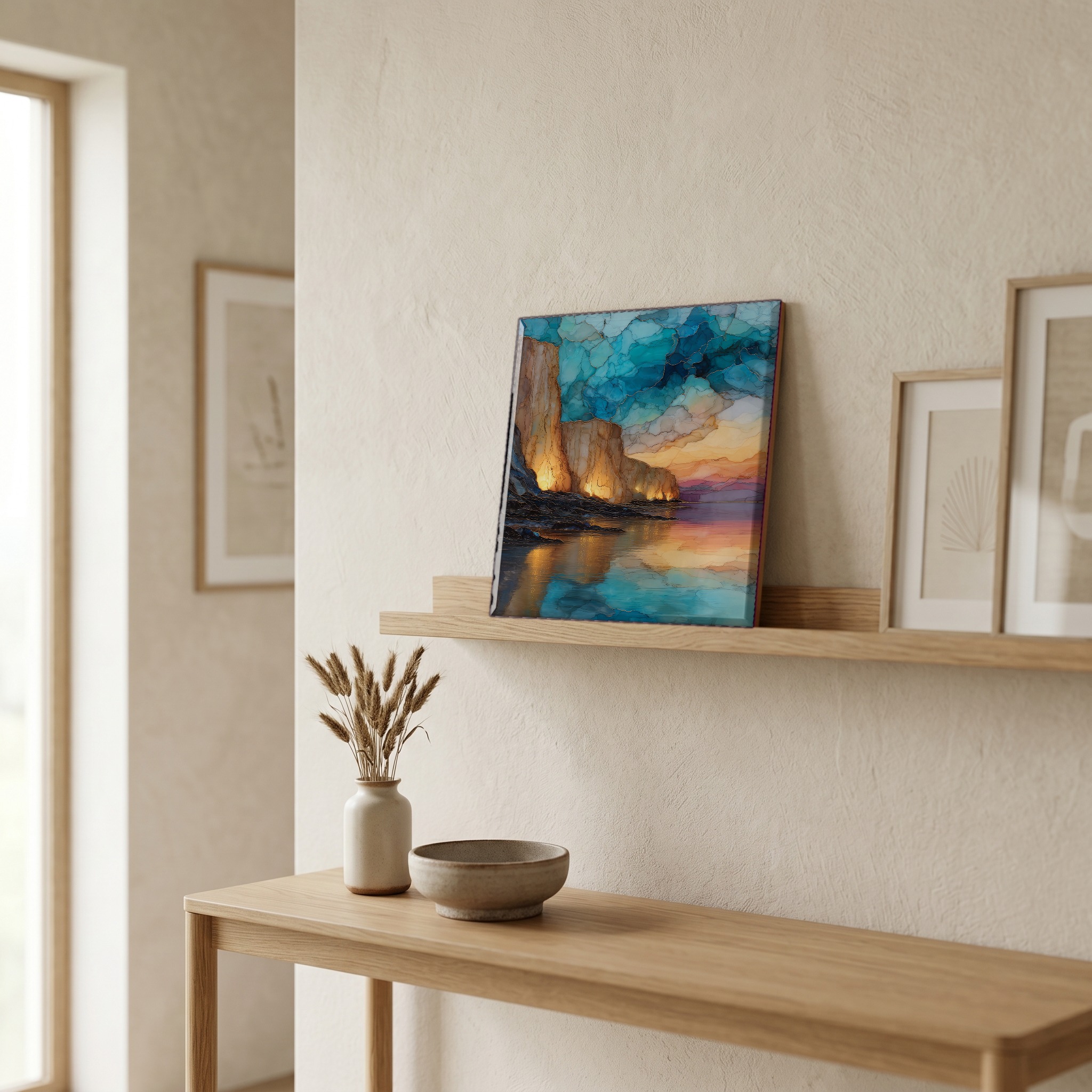 On a picture ledge, where the light comes in.