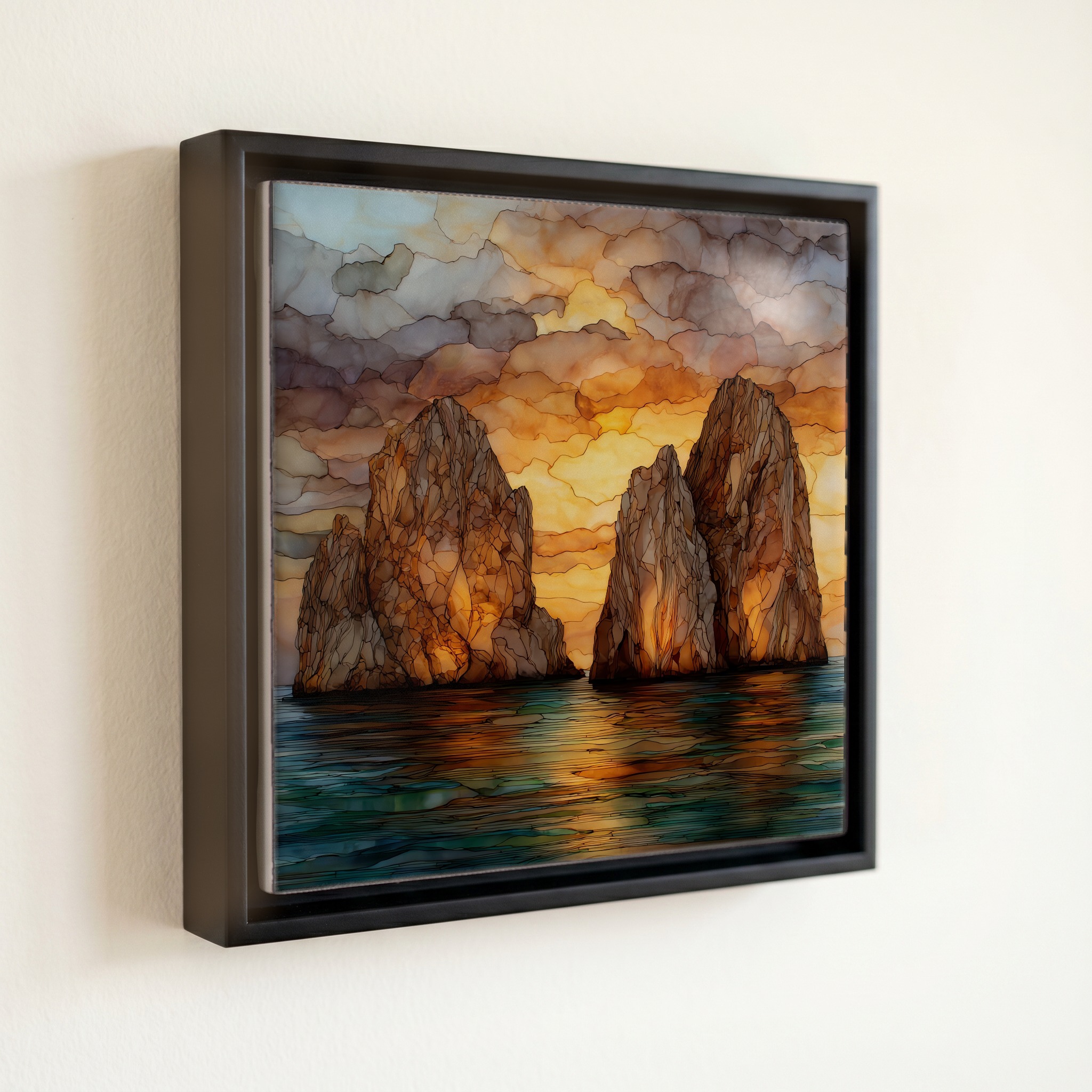 shown in a slim black floating frame · 6 × 6 in