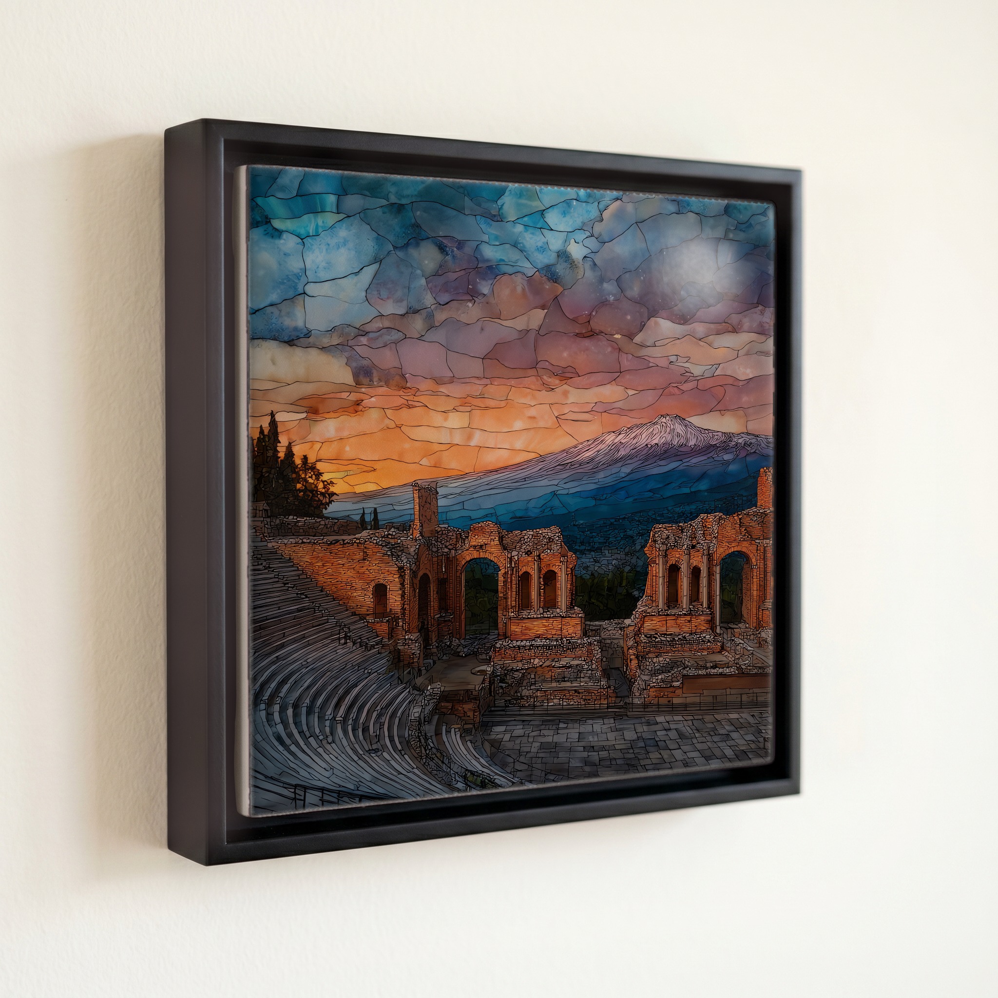shown in a slim black floating frame · 6 × 6 in