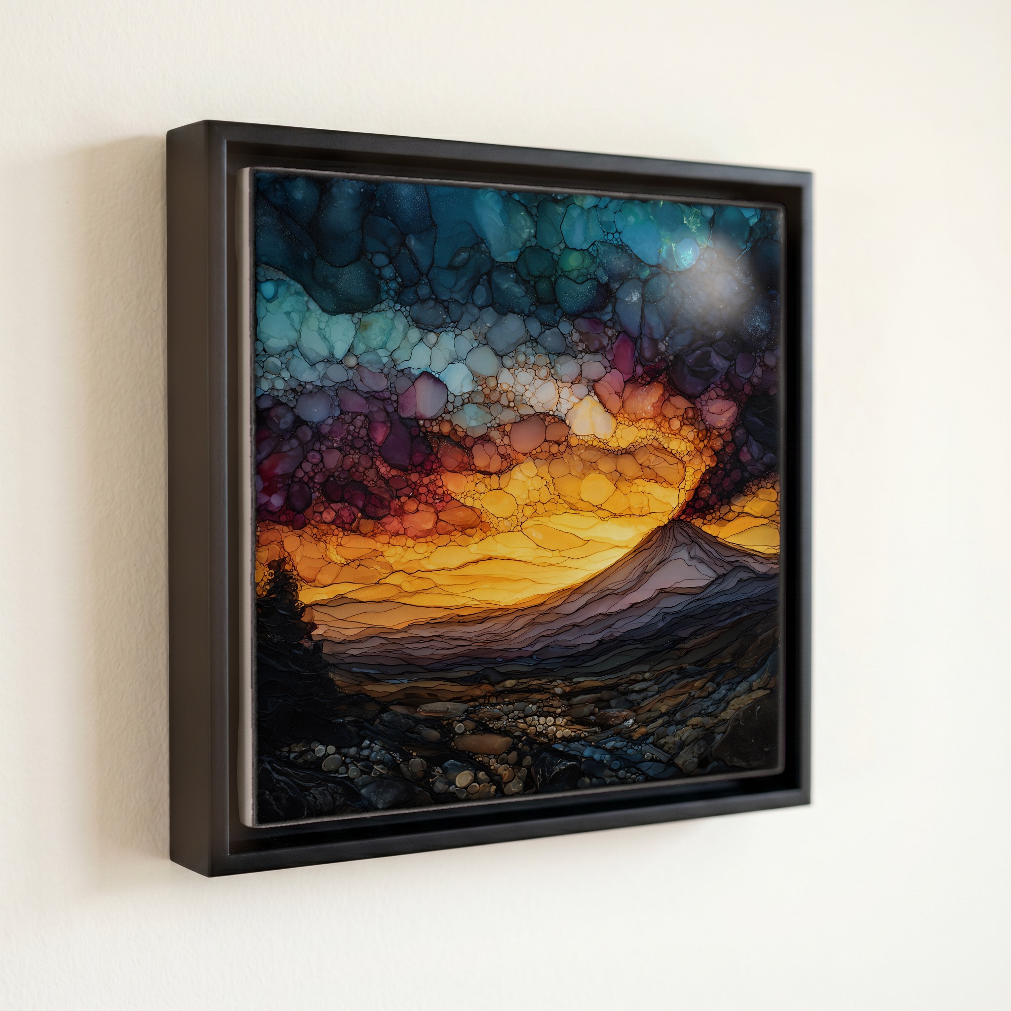 shown in a slim black floating frame · 6 × 6 in