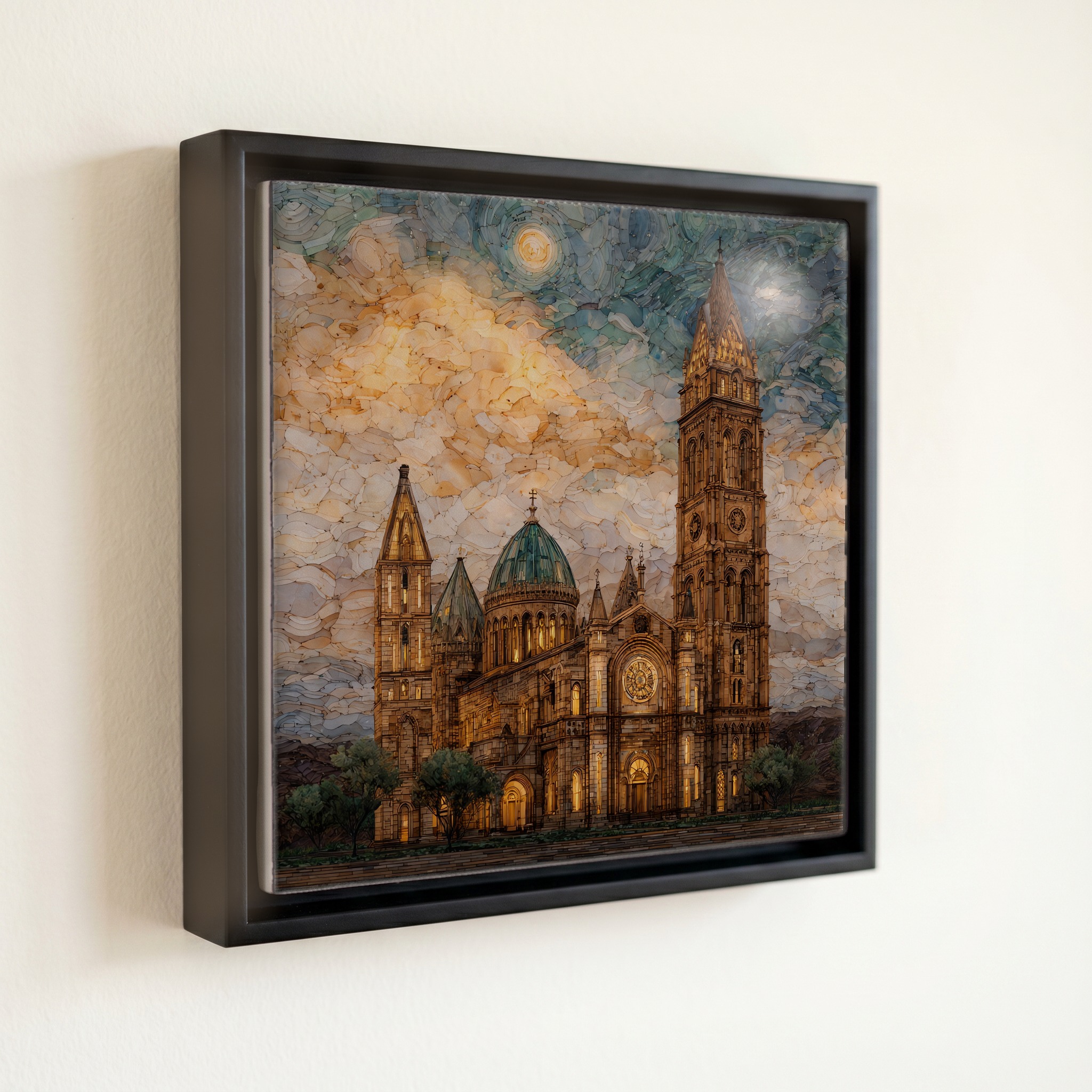 shown in a slim black floating frame · 6 × 6 in