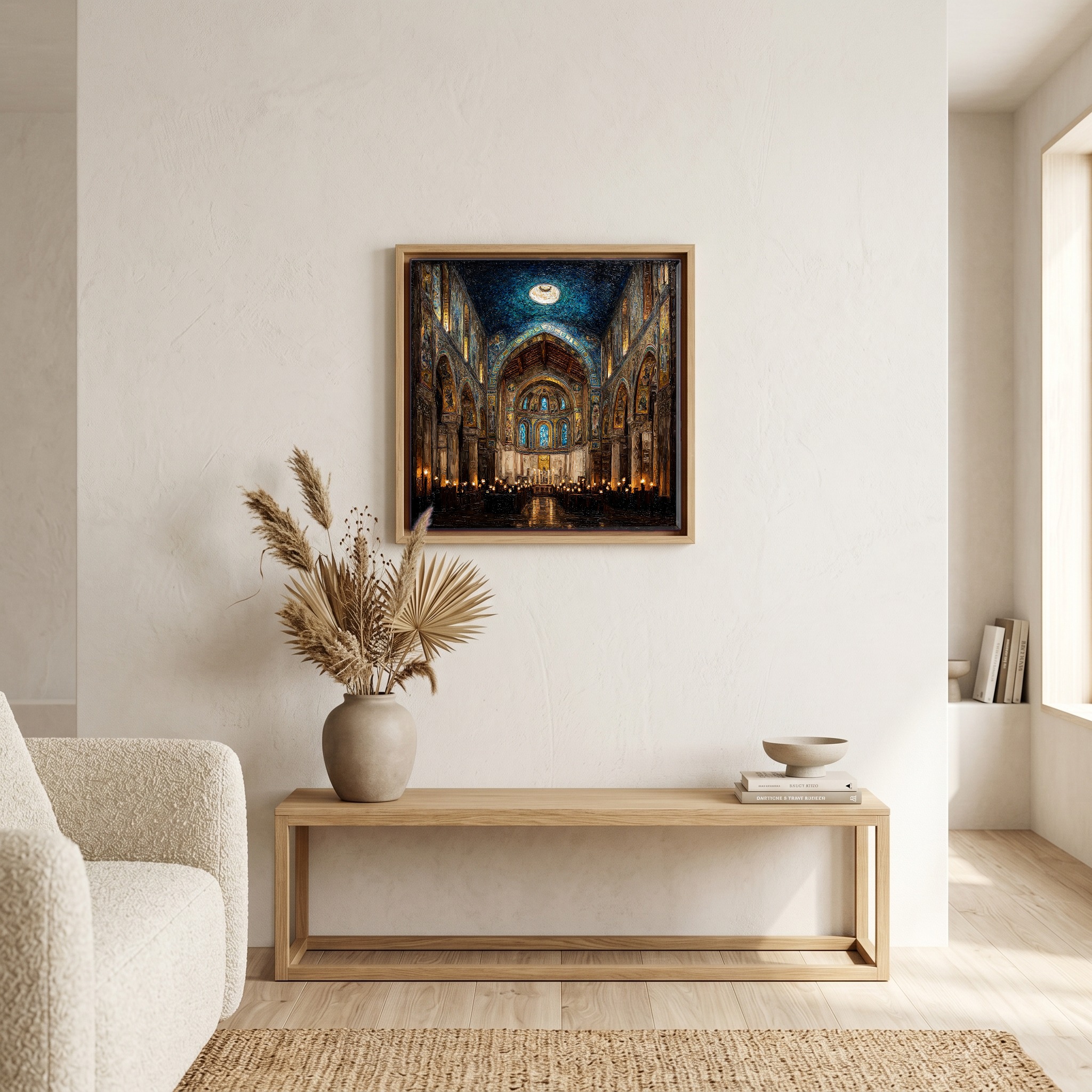 Above the bench, in a warm oak surround.