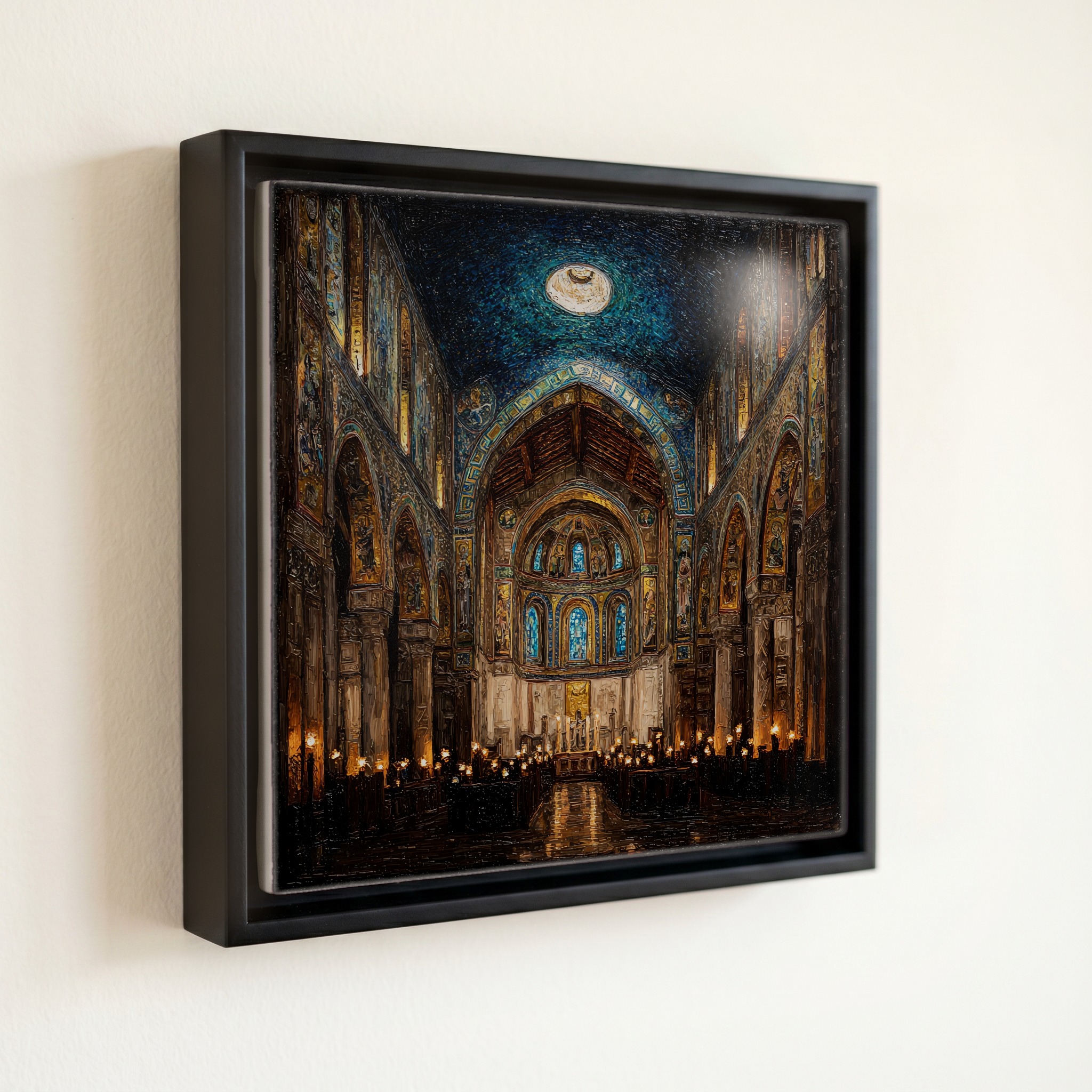 shown in a slim black floating frame · 6 × 6 in