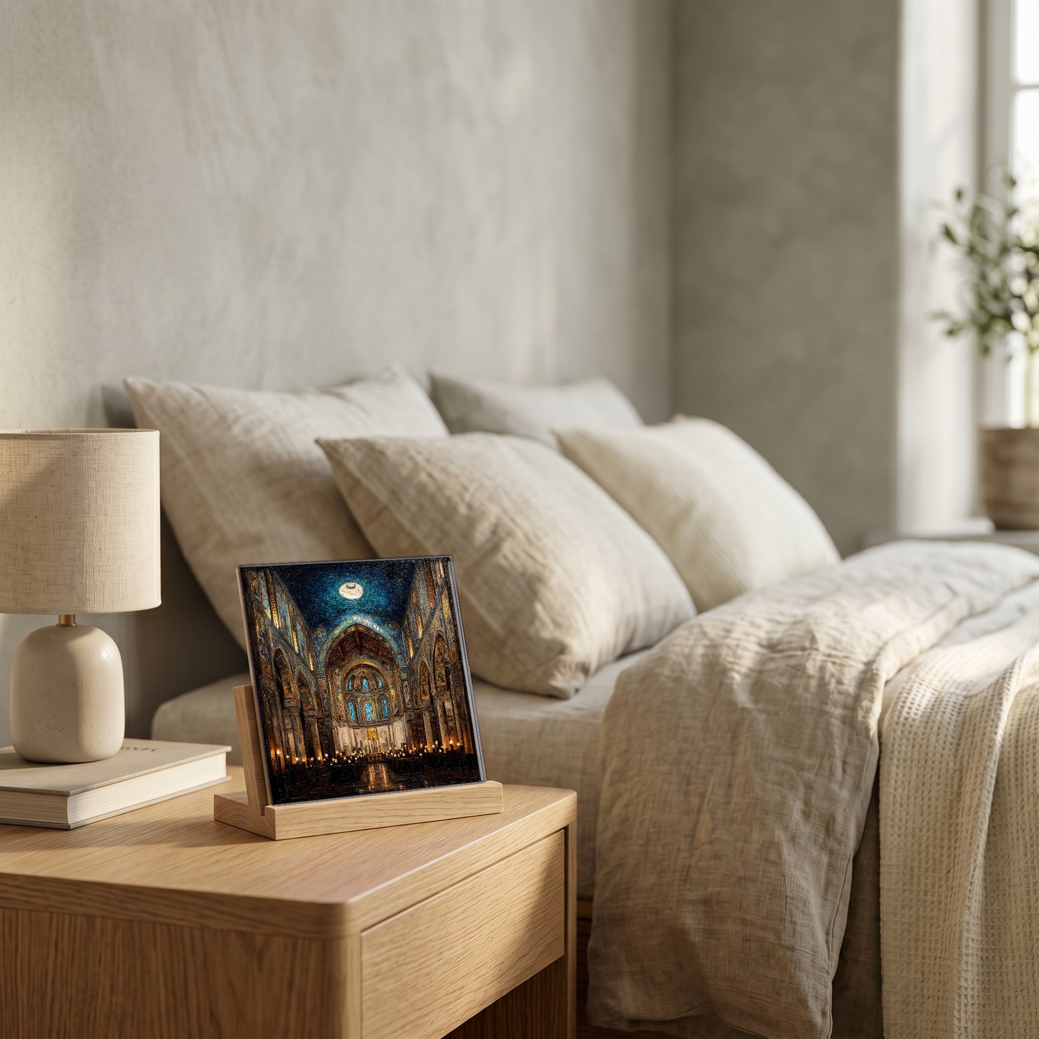 On the nightstand, on a light oak stand.