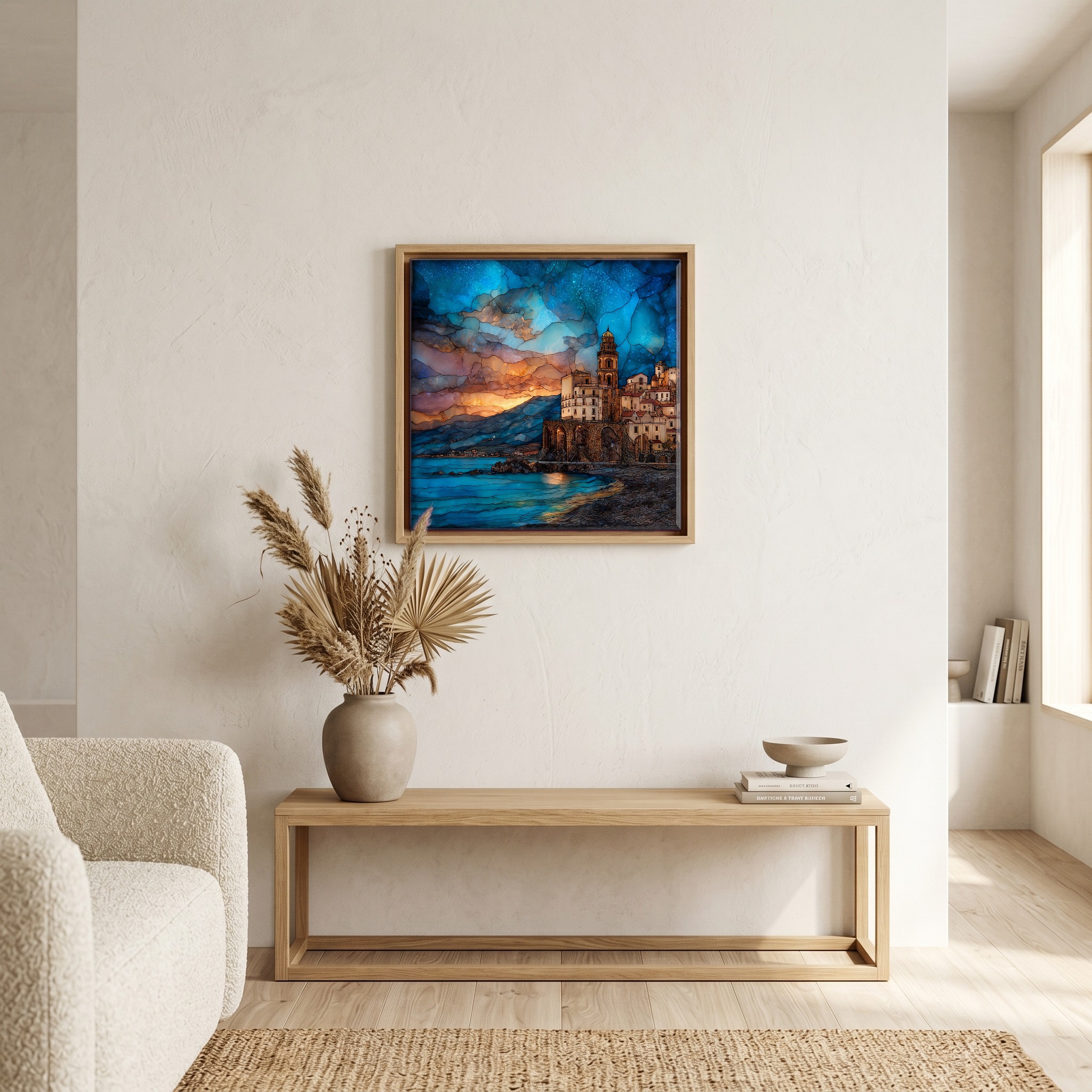 Above the bench, in a warm oak surround.