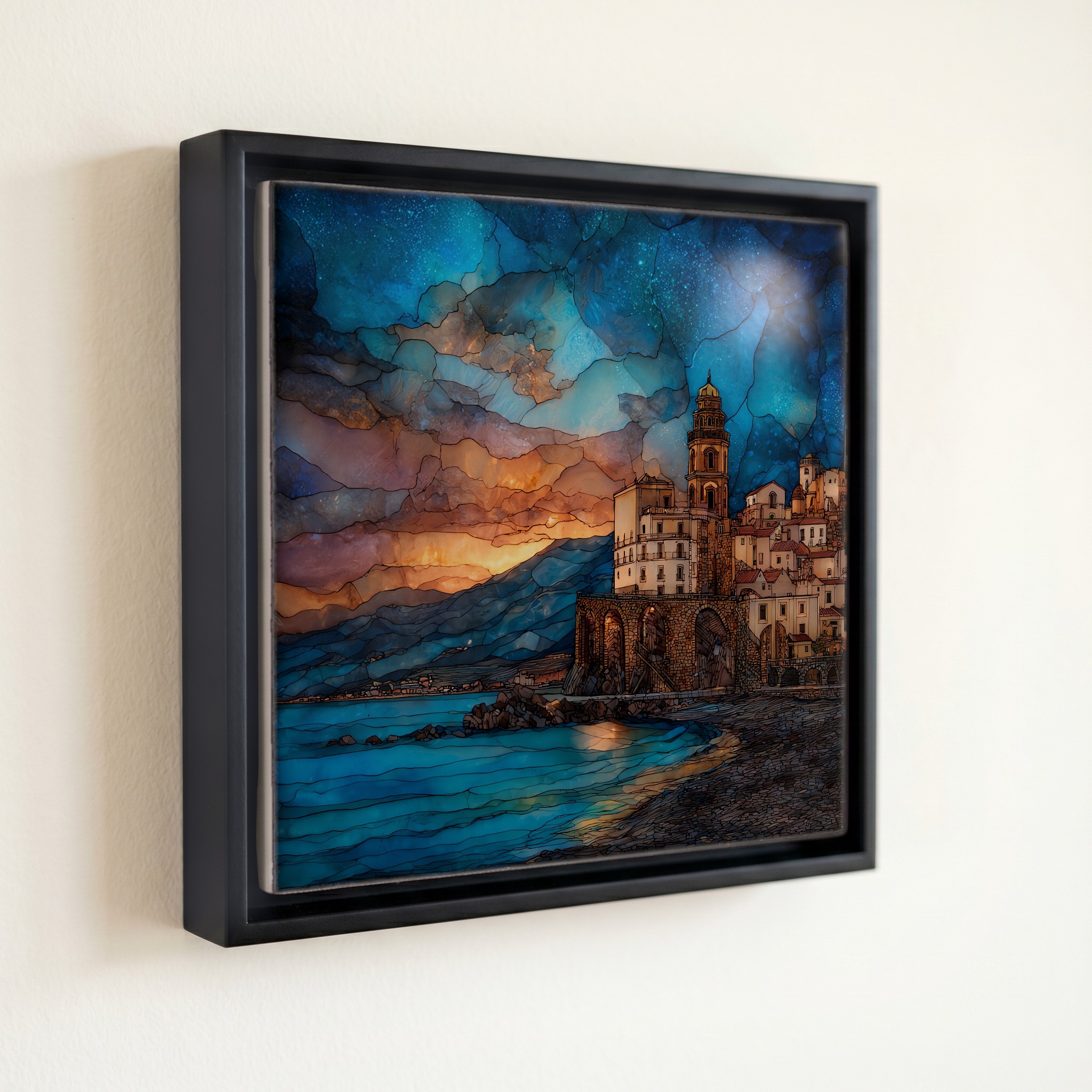 shown in a slim black floating frame · 6 × 6 in