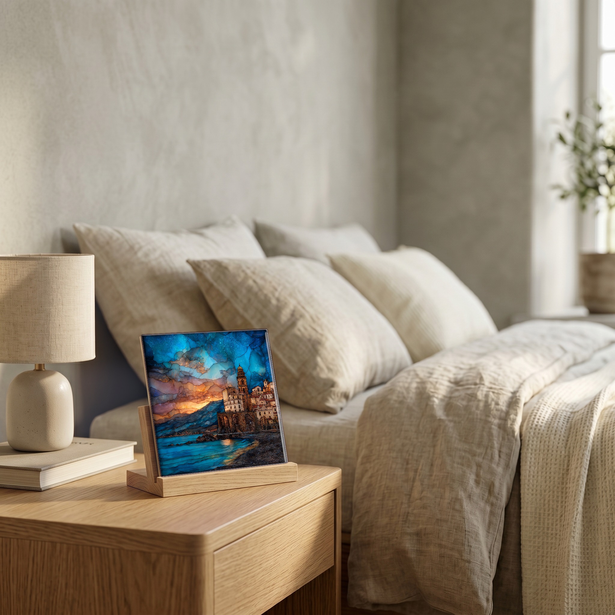 On the nightstand, on a light oak stand.