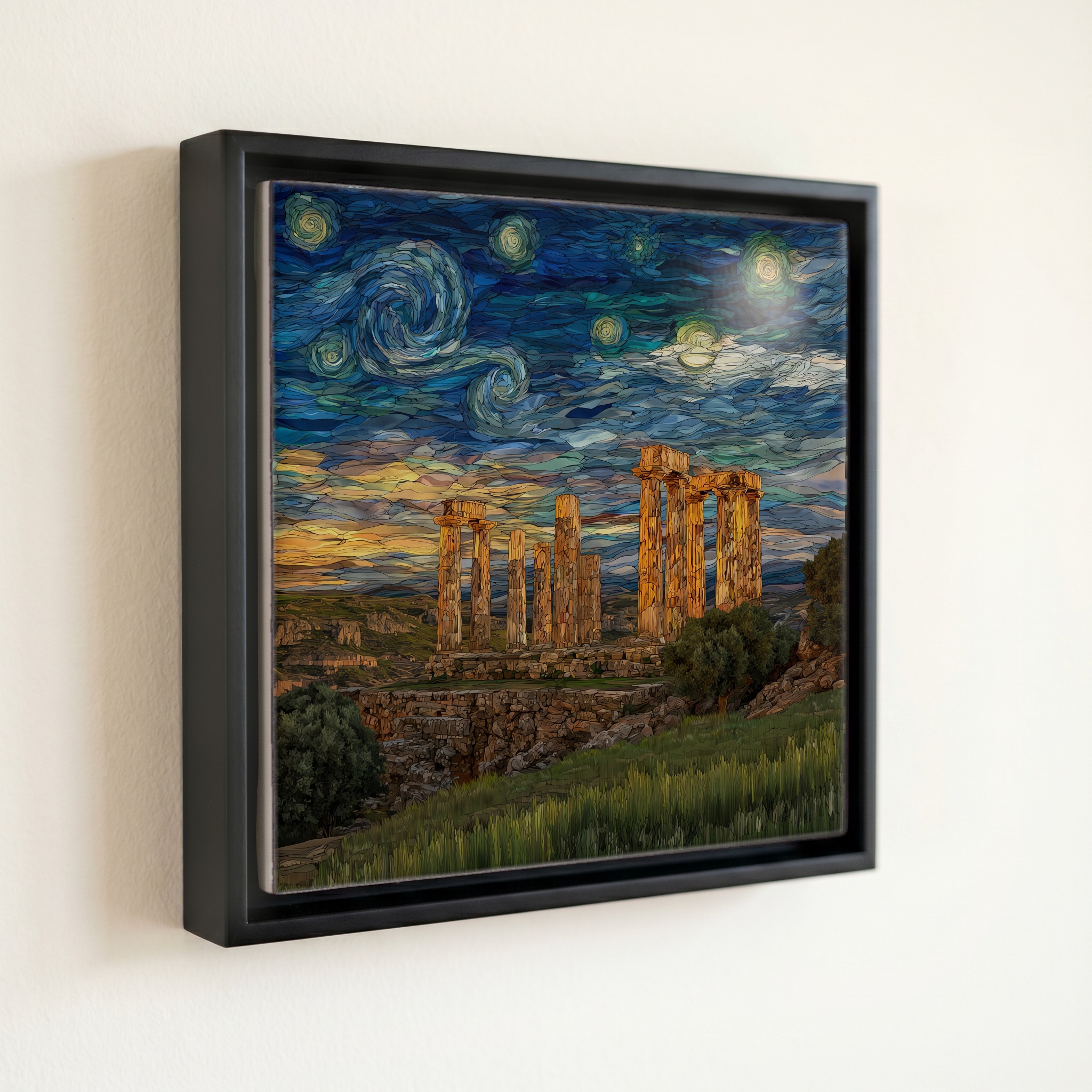 shown in a slim black floating frame · 6 × 6 in