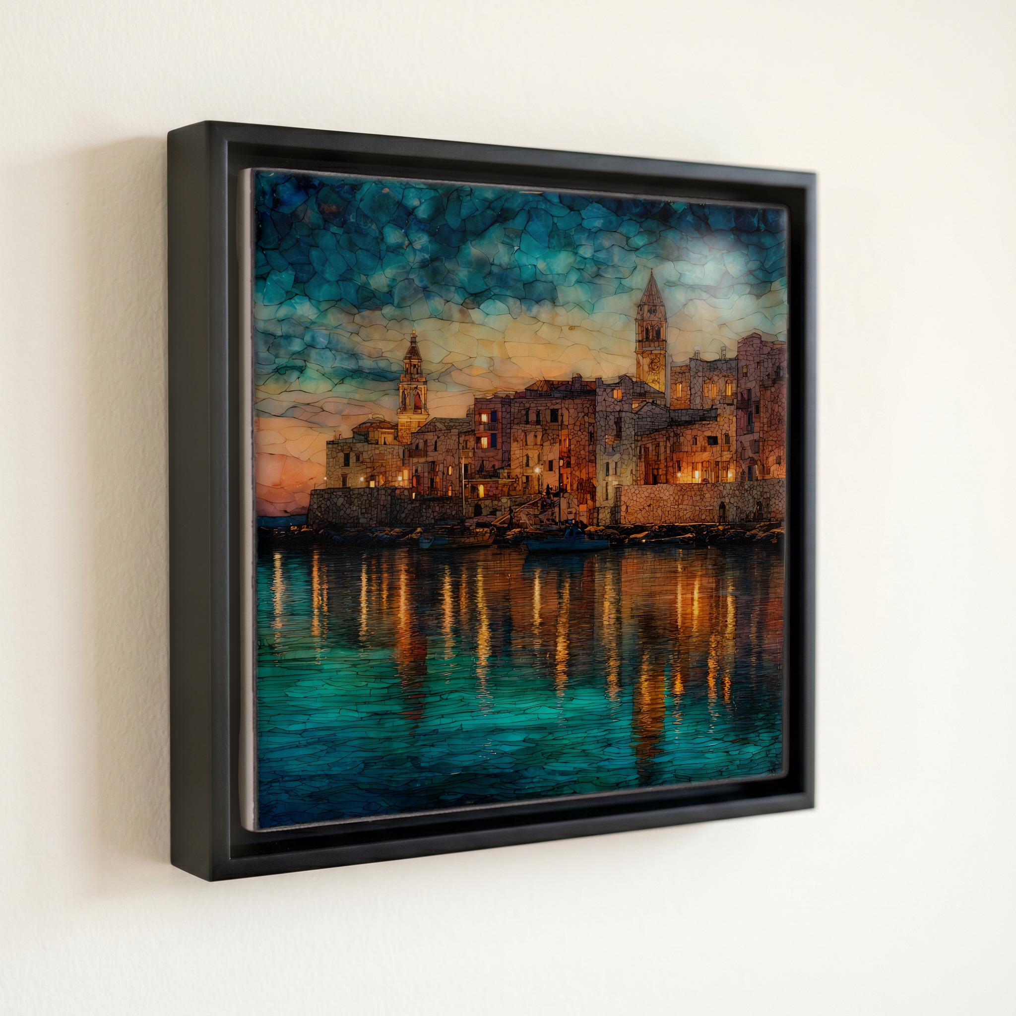 shown in a slim black floating frame · 6 × 6 in